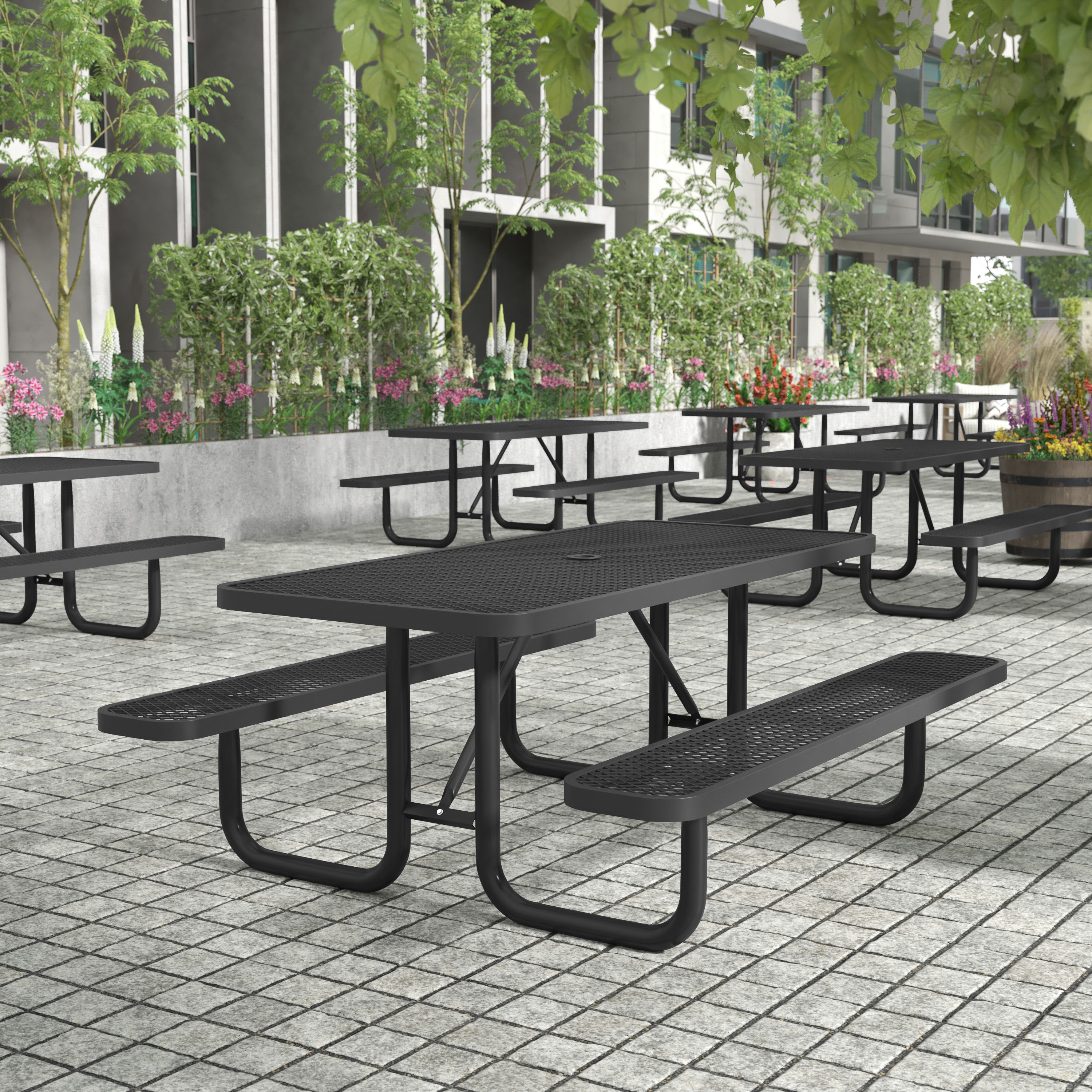 Mantilla 6' Rectangular Outdoor Picnic Table with Commercial Heavy Gauge Expanded Metal Mesh Top and Seats and Steel Frame in Black with Anchors