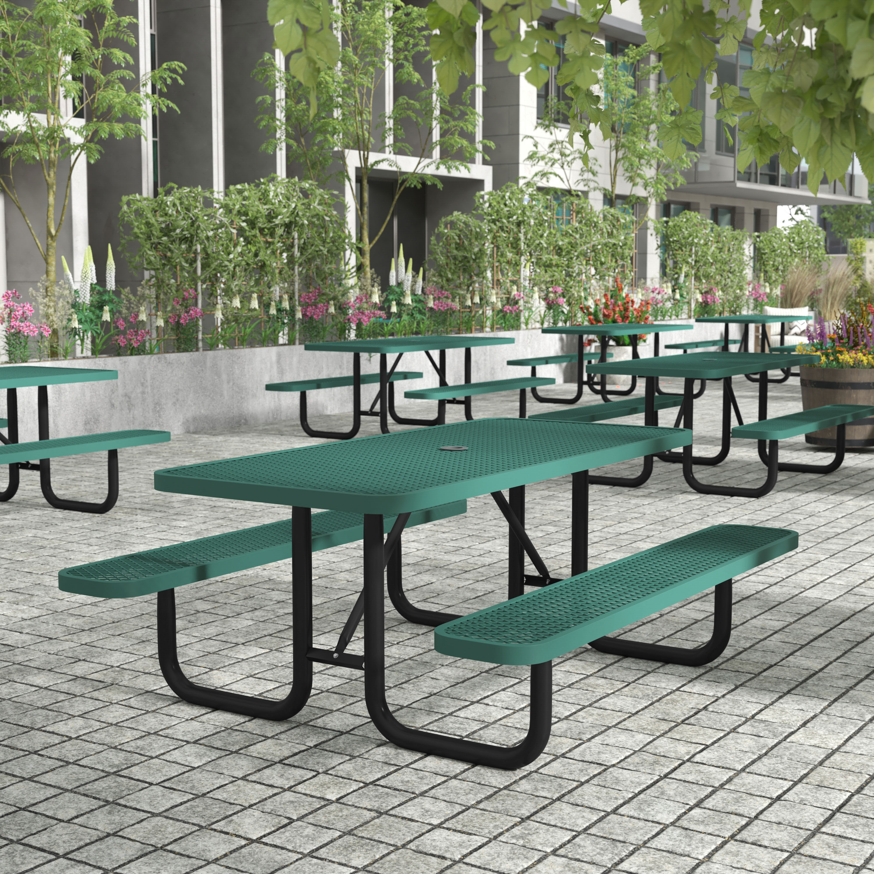 Mantilla 6' Rectangular Outdoor Picnic Table with Commercial Heavy Gauge Green Expanded Metal Mesh Top and Seats and Black Steel Frame with Anchors