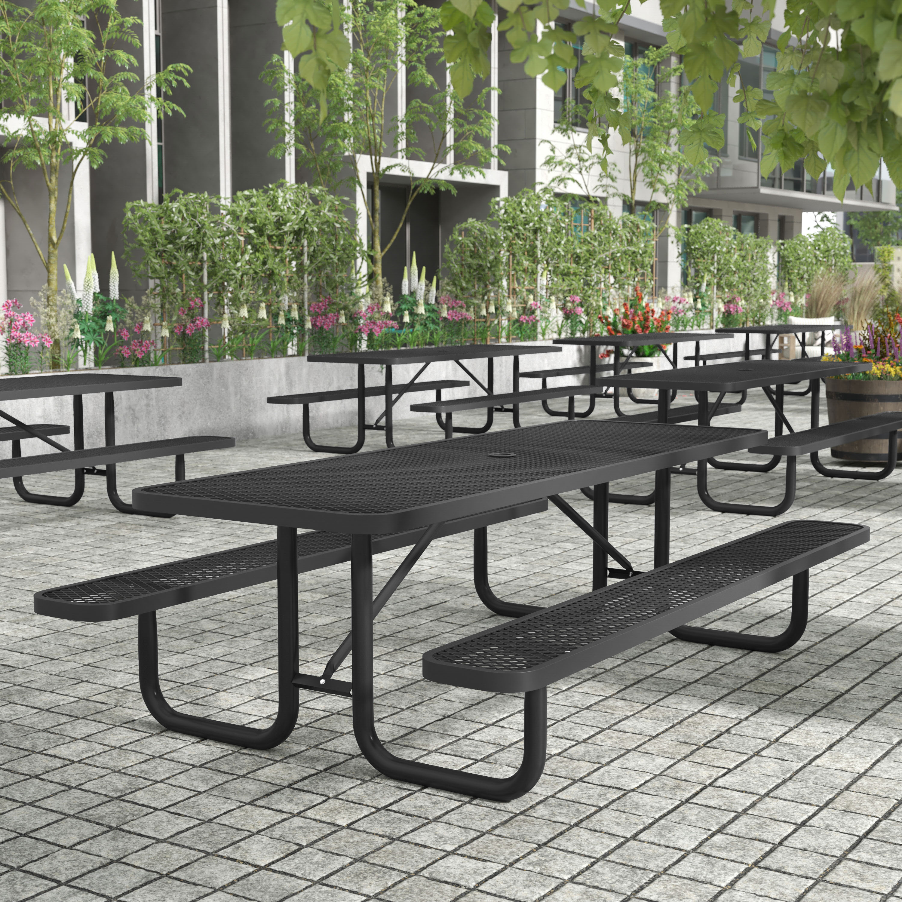 Mantilla 8' Rectangular Outdoor Picnic Table with Commercial Heavy Gauge Expanded Metal Mesh Top and Seats and Steel Frame in Black with Anchors