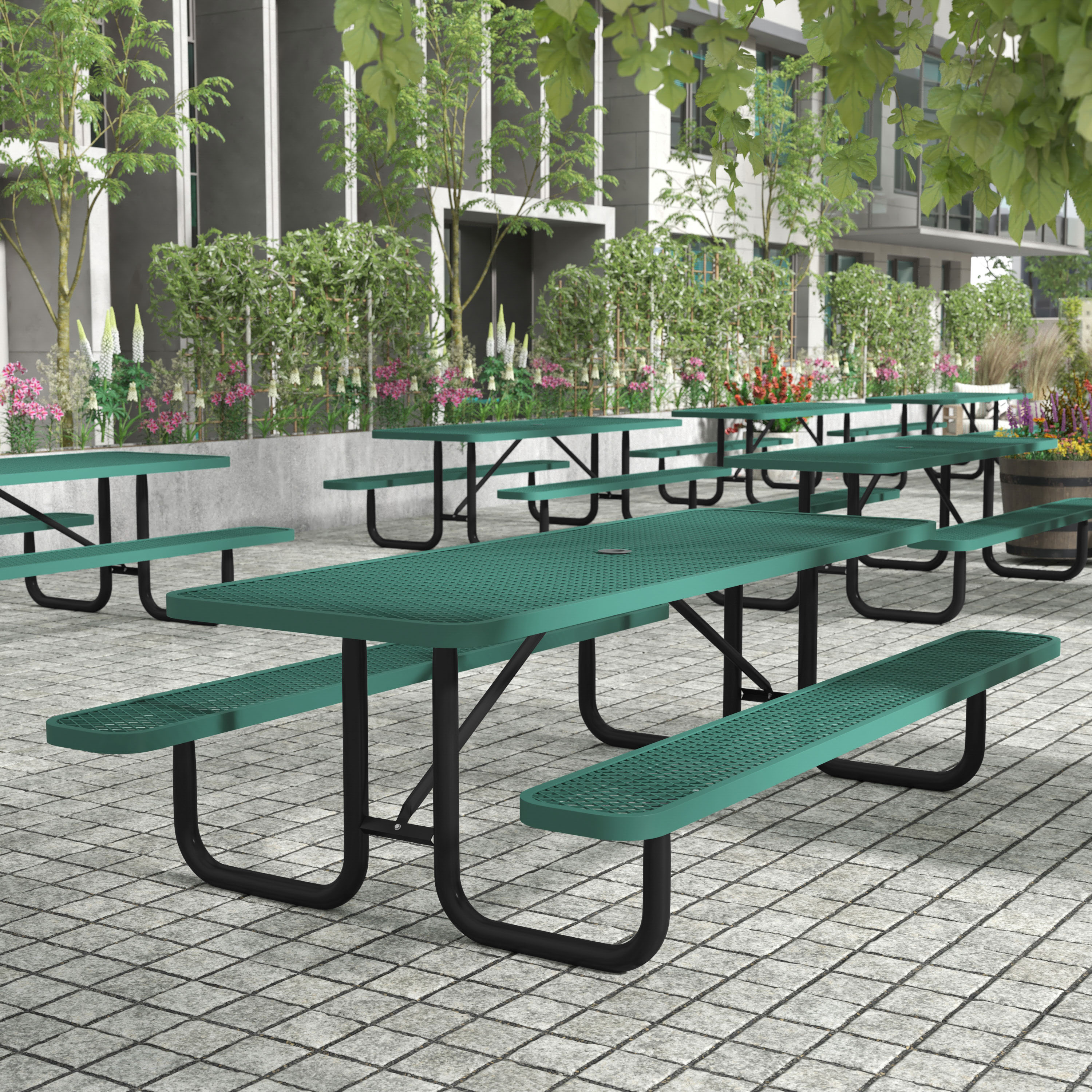 Mantilla 8' Rectangular Outdoor Picnic Table with Commercial Heavy Gauge Green Expanded Metal Mesh Top and Seats and Black Steel Frame with Anchors