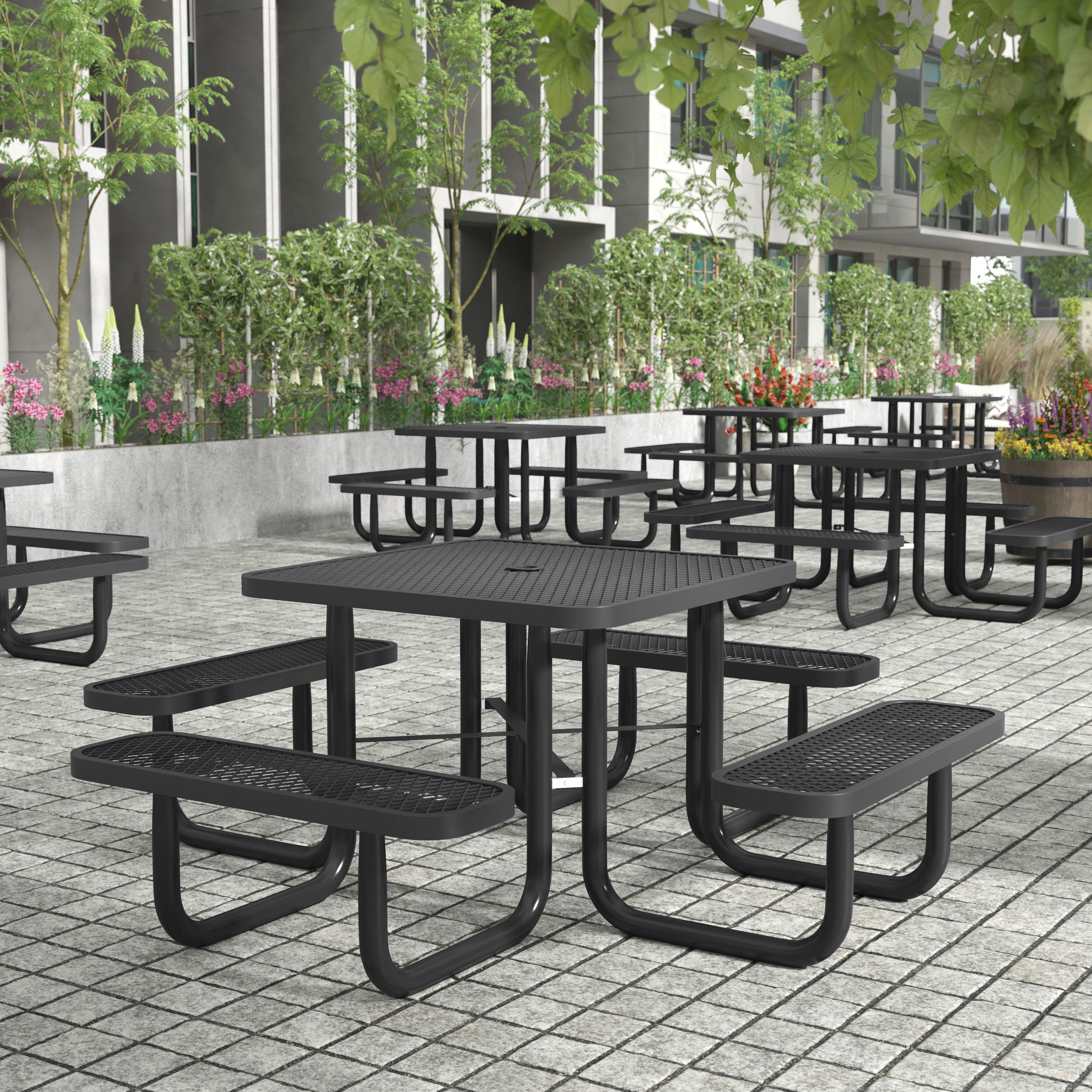 Creekside 46" Square Outdoor Picnic Table with Commercial Grade Heavy Gauge Expanded Metal Mesh Top and Seats and Steel Frame in Black with Anchors