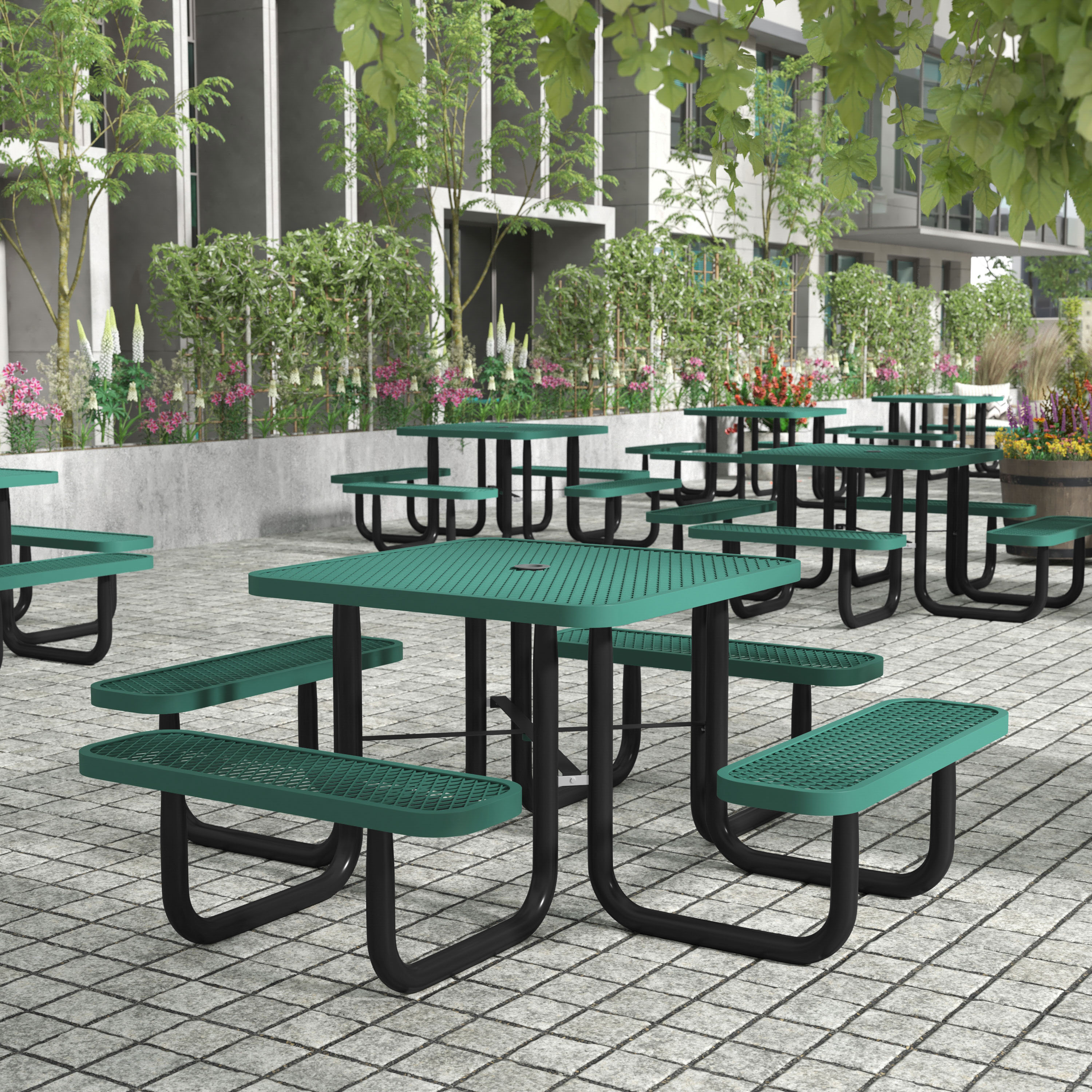 Creekside 46" Square Outdoor Picnic Table with Commercial Grade Heavy Gauge Green Expanded Metal Mesh Top and Seats and Black Steel Frame with Anchors