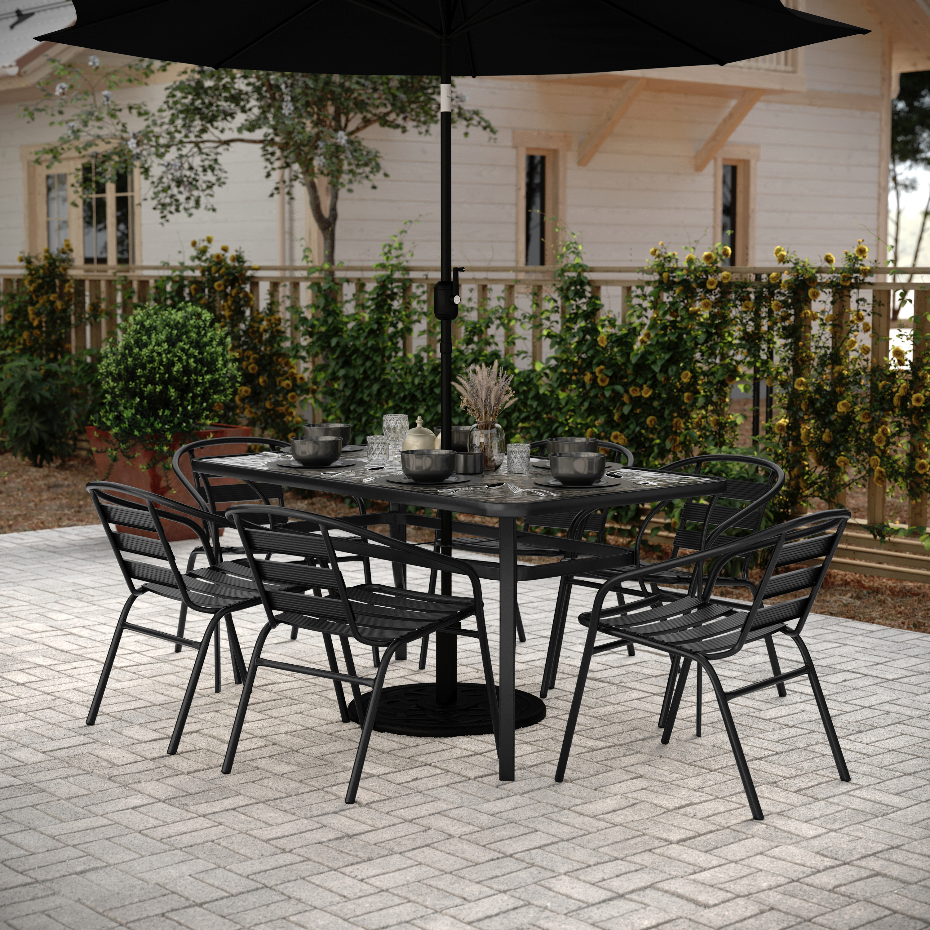 Lila 7 Piece Commercial Outdoor Patio Dining Set with 60" Tempered Glass Patio Table with Umbrella Hole and 6 Black Triple Slat Chairs