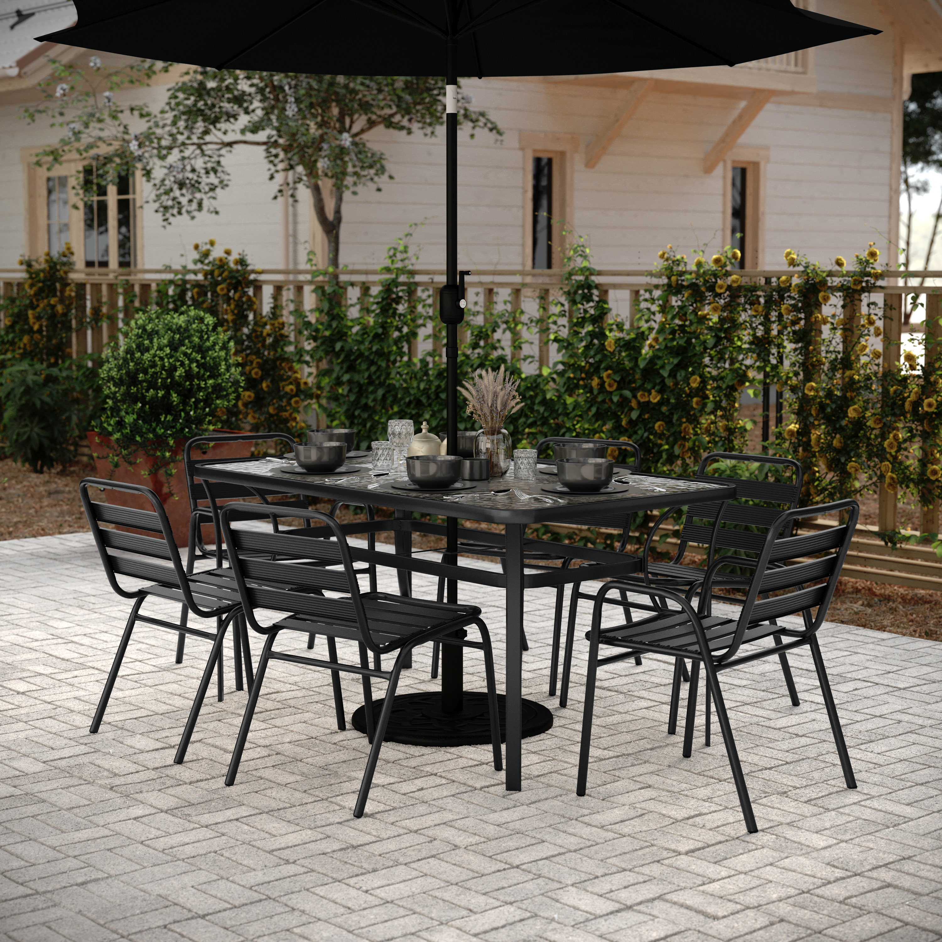 Lila 7 Piece Commercial Outdoor Patio Dining Set with 60" Glass Patio Table, 4 Black Triple Slat Chairs and 2 Black Triple Slat Chairs with Arms