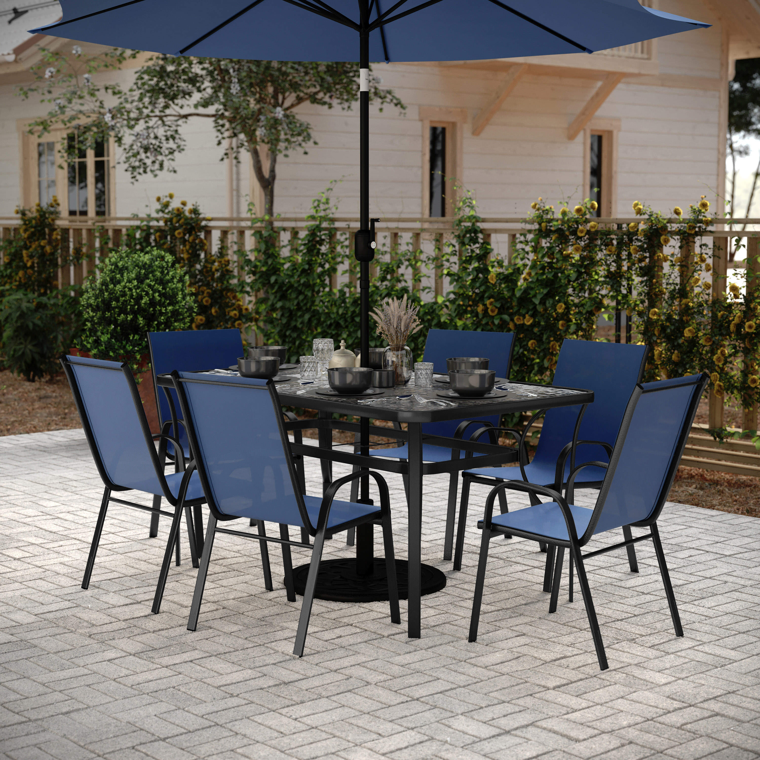 Brazos 7 Piece Commercial Grade Patio Dining Set with Tempered Glass Patio Table and 6 Chairs with Navy Flex Comfort Material Seats and Backs