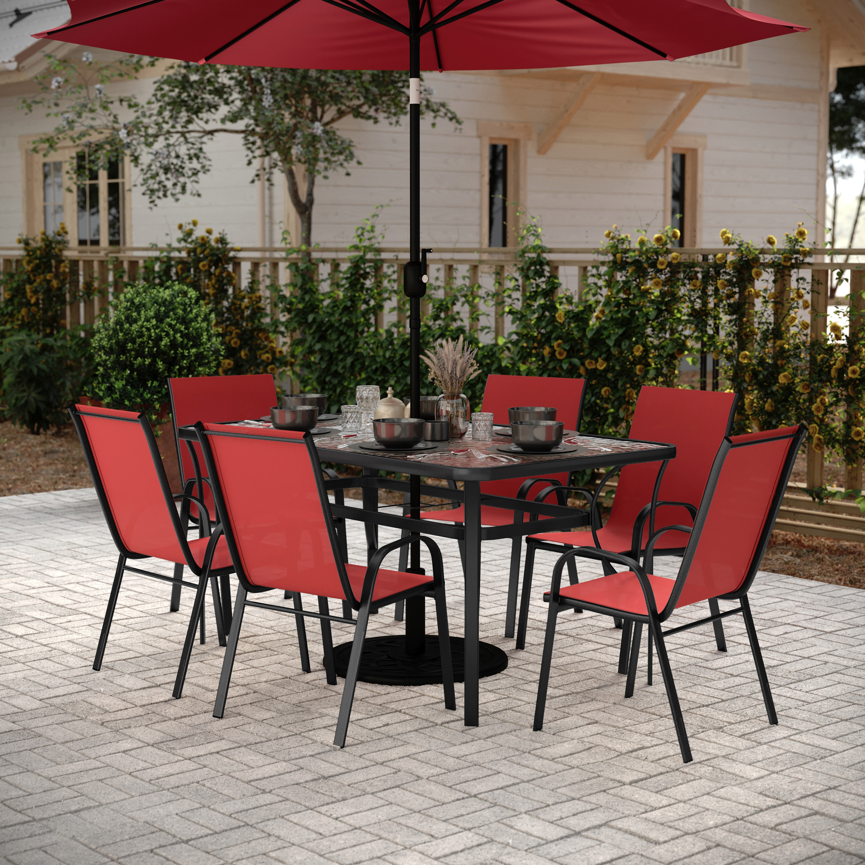 Brazos 7 Piece Commercial Grade Patio Dining Set with Tempered Glass Patio Table and 6 Chairs with Red Flex Comfort Material Seats and Backs