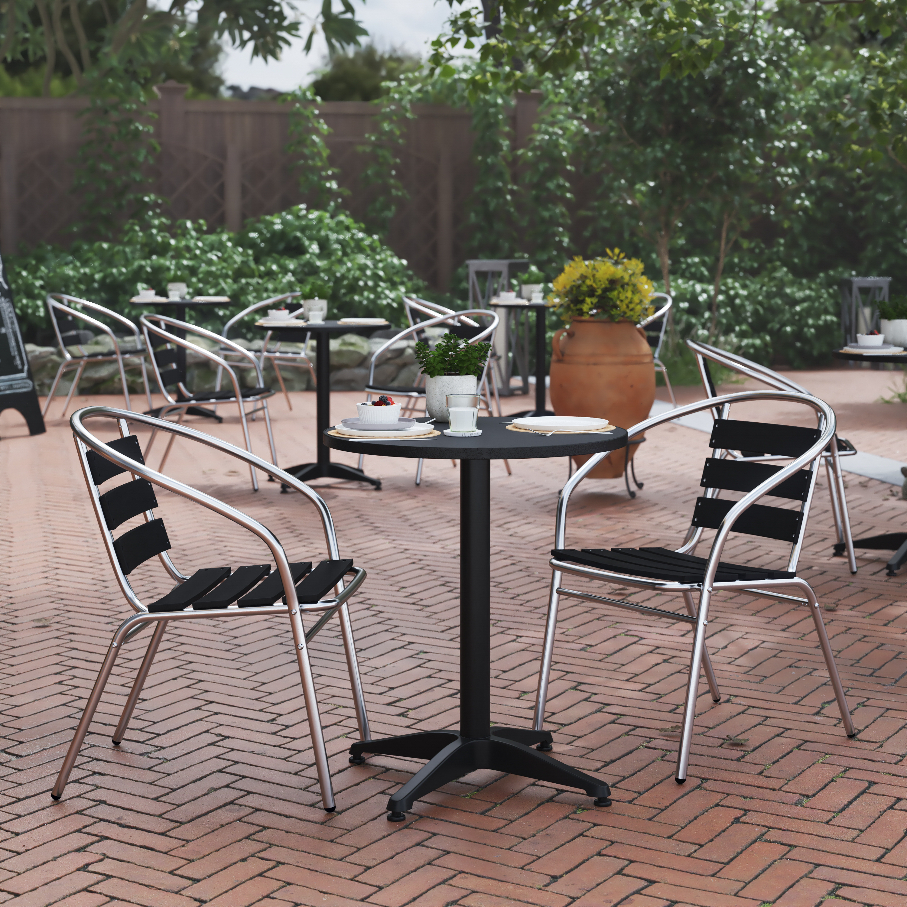 Lila 23.5'' Black Round Aluminum Indoor-Outdoor Table Set with 2 Black Slat Back Chairs