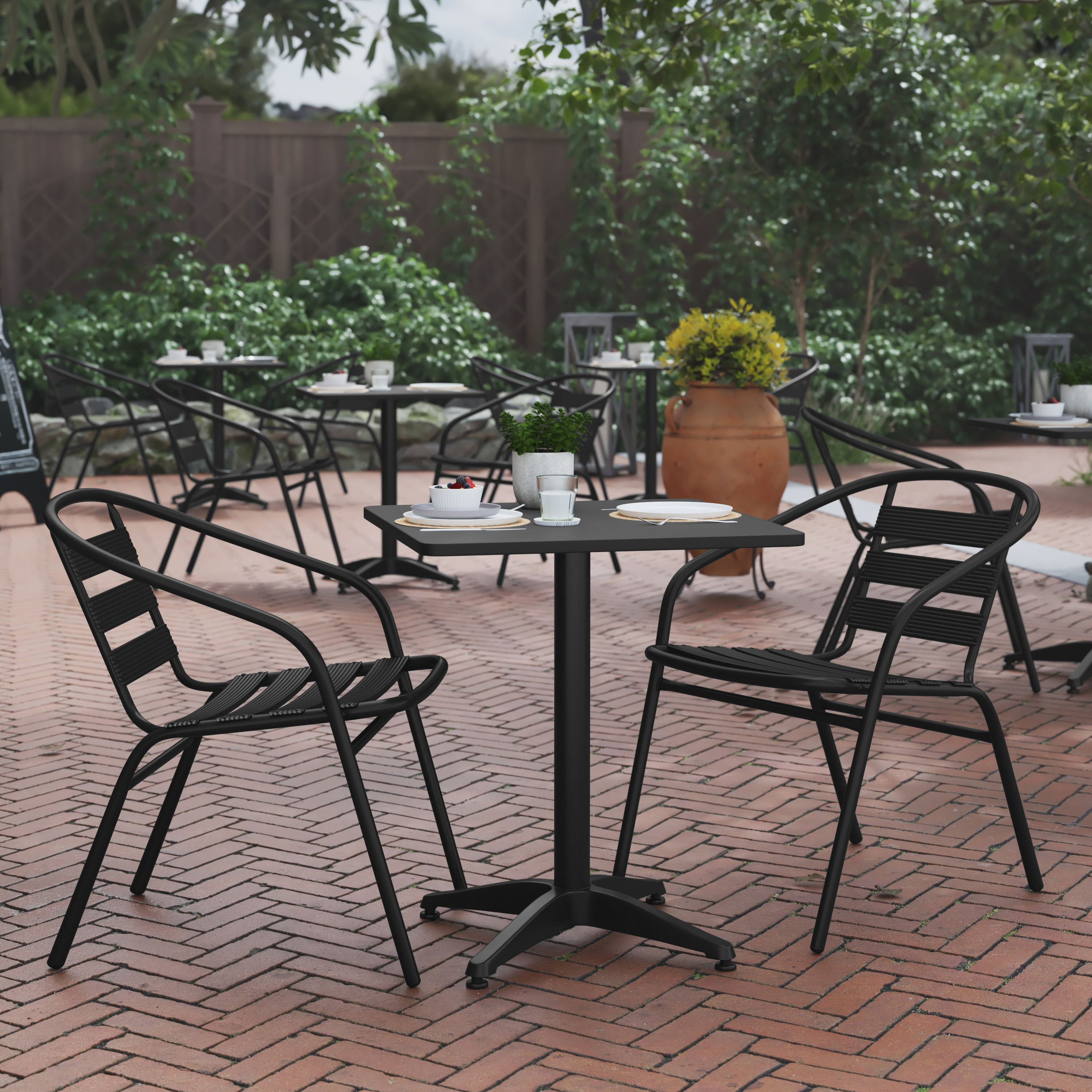 Lila 23.5'' Black Square Aluminum Indoor-Outdoor Table Set with 2 Black Slat Back Chairs