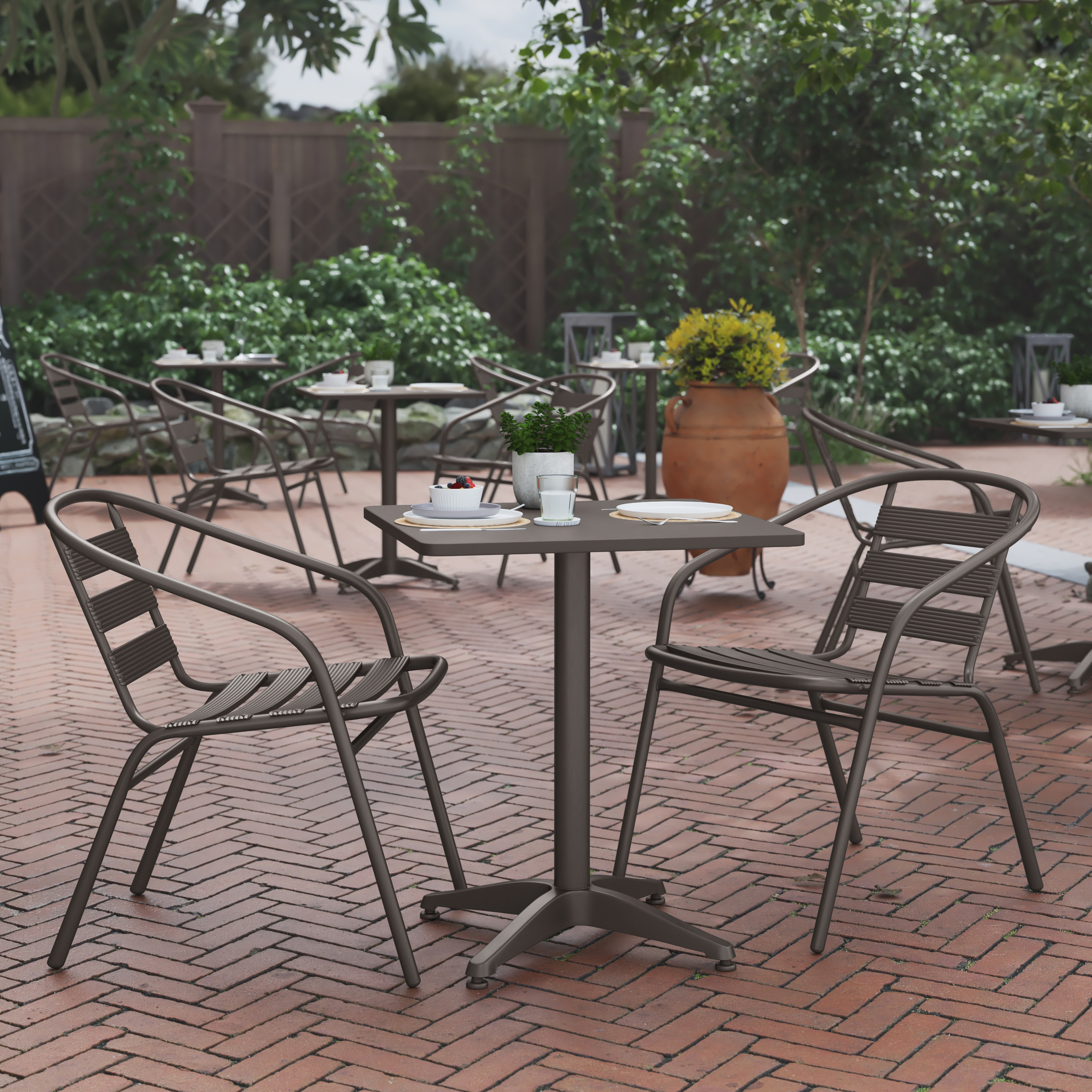 Lila 23.5'' Bronze Square Aluminum Indoor-Outdoor Table Set with 2 Bronze Slat Back Chairs