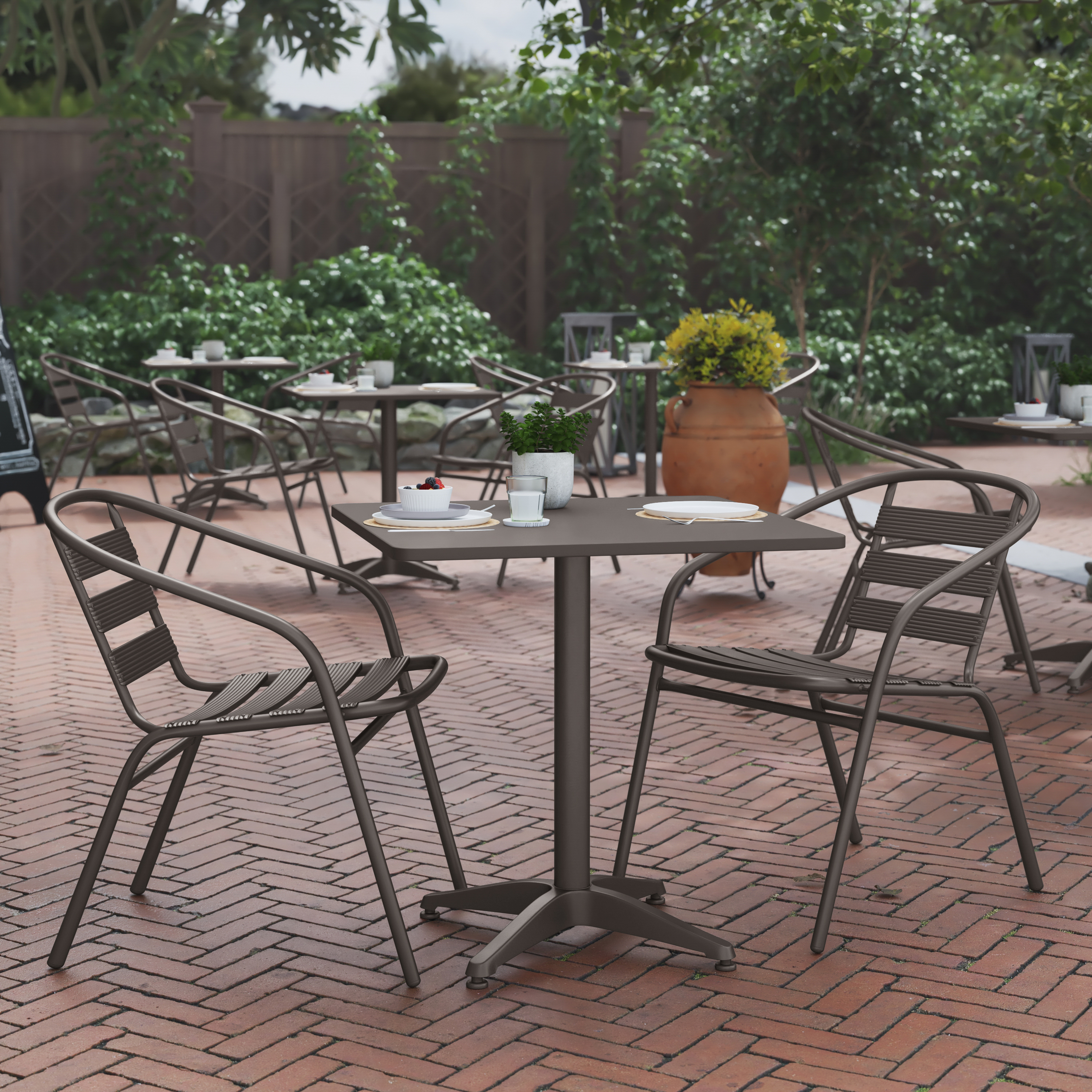 Lila 27.5'' Bronze Square Aluminum Indoor-Outdoor Table Set with 2 Bronze Slat Back Chairs