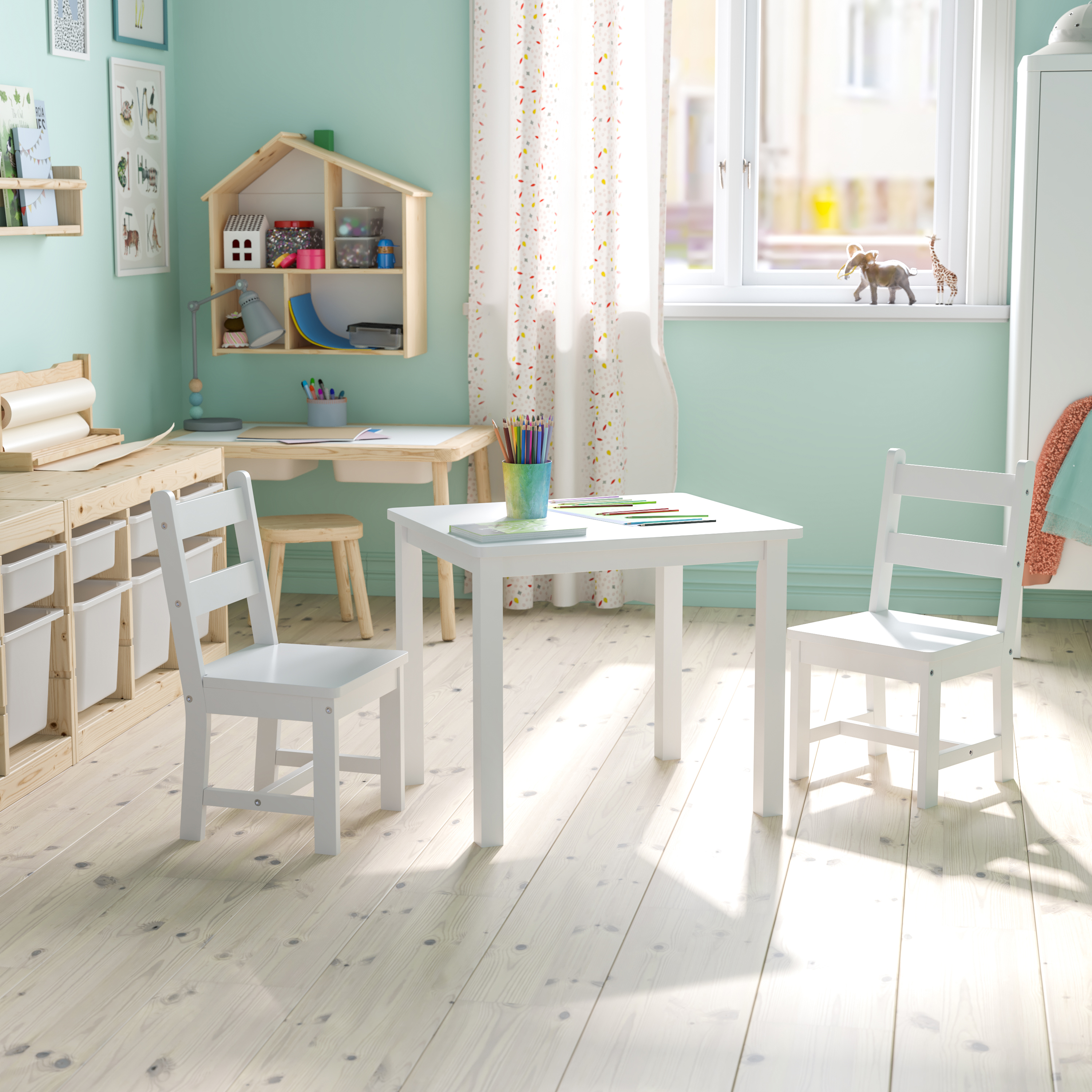 Kyndl Kids Solid Hardwood Table and Chair Set for Playroom, Bedroom, Kitchen - 3 Piece Set - White