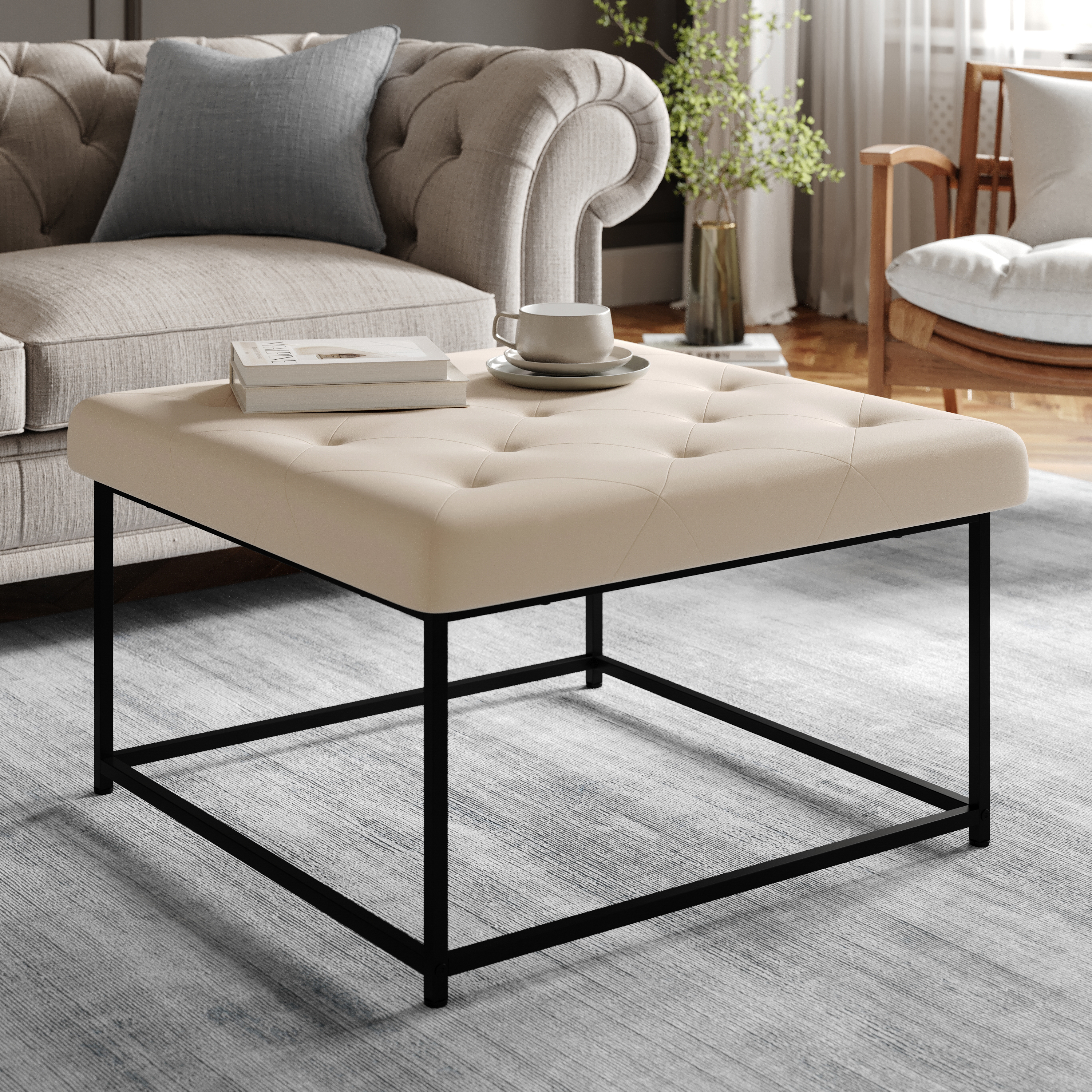 Ashton 30" Square LeatherSoft Tufted Ottoman with Metal Frame, Beige LeatherSoft/Black Frame