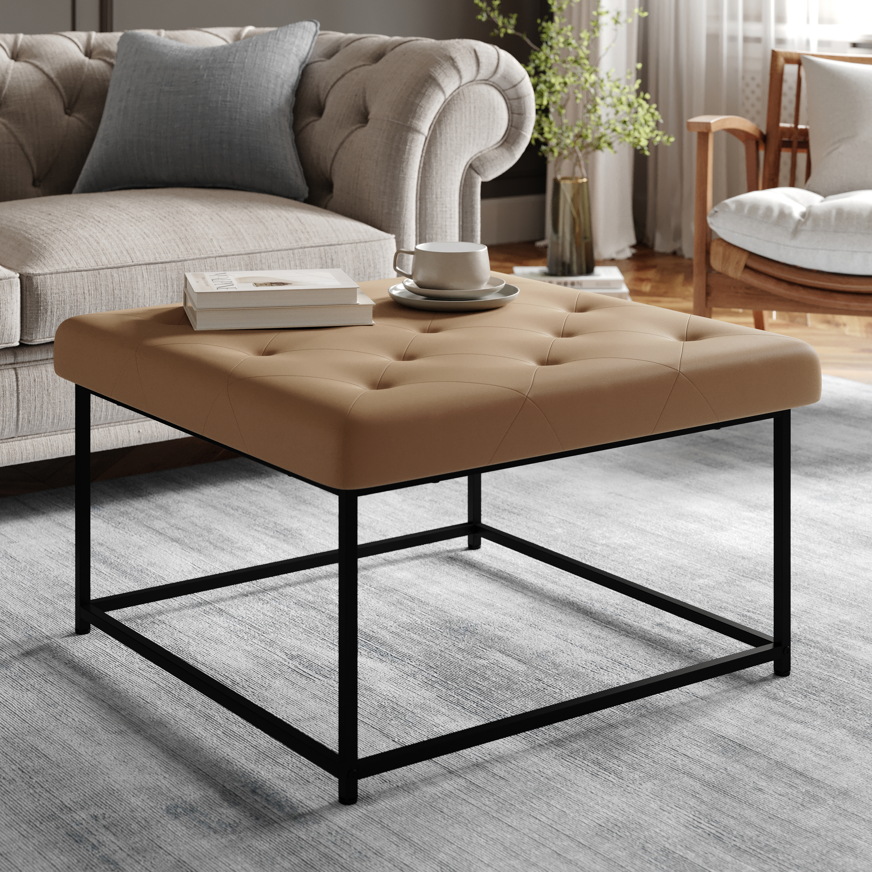 Ashton 30" Square LeatherSoft Tufted Ottoman with Metal Frame, Light Brown LeatherSoft/Black Frame