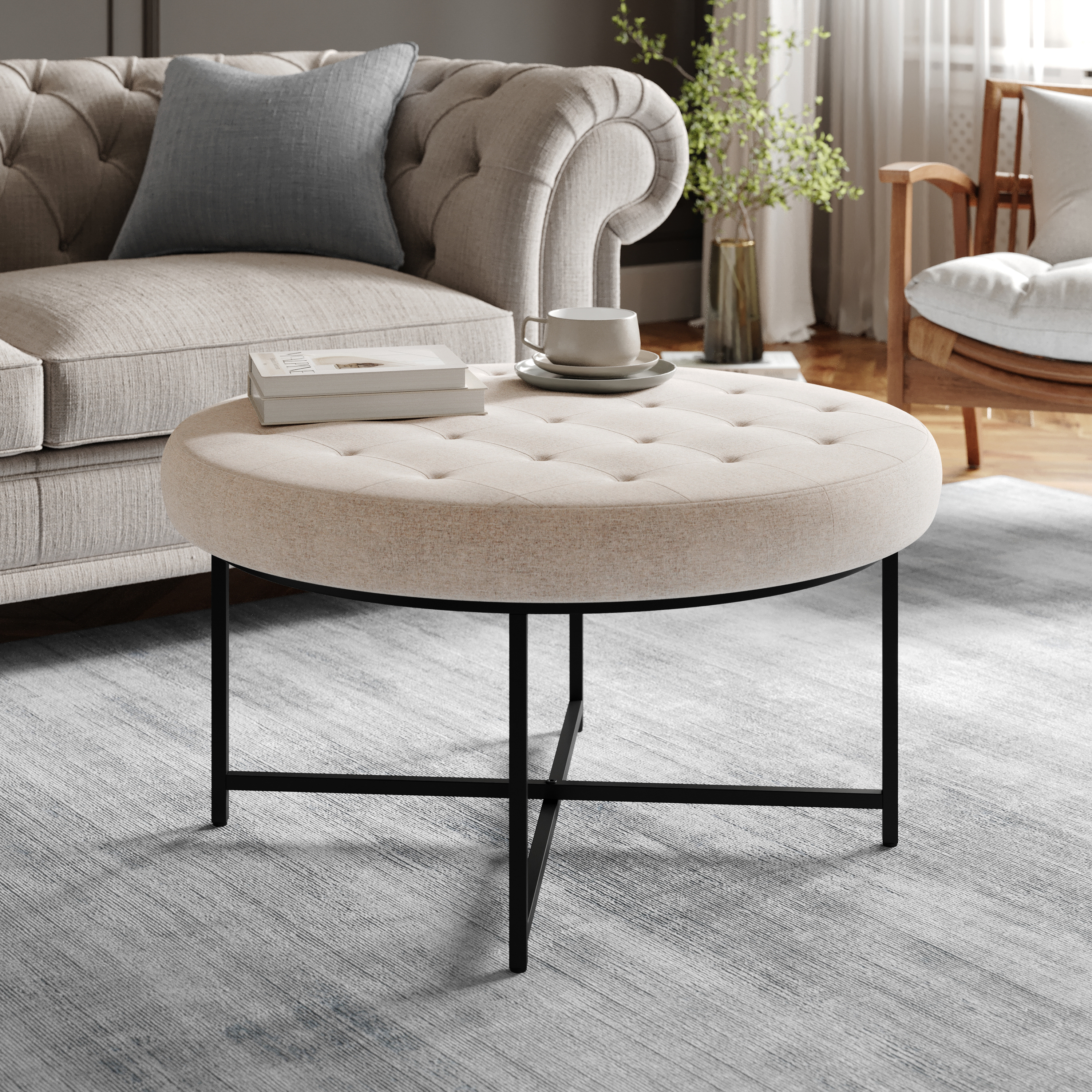 Ashton 34" Round Cotton Linen Tufted Ottoman with Metal Frame, Beige Cotton Linen/Black Frame