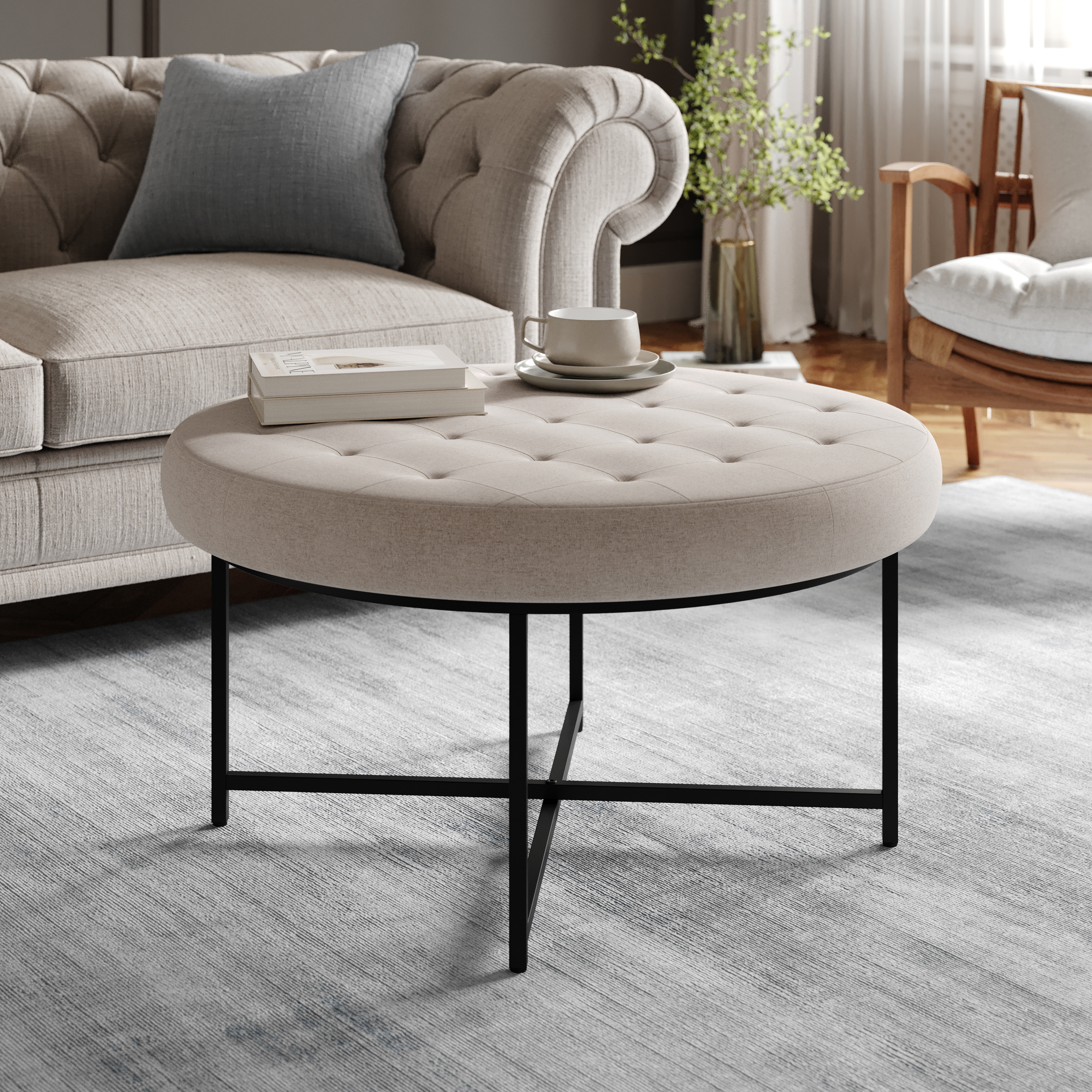 Ashton 34" Round Cotton Linen Tufted Ottoman with Metal Frame, Gray Cotton Linen/Black Frame