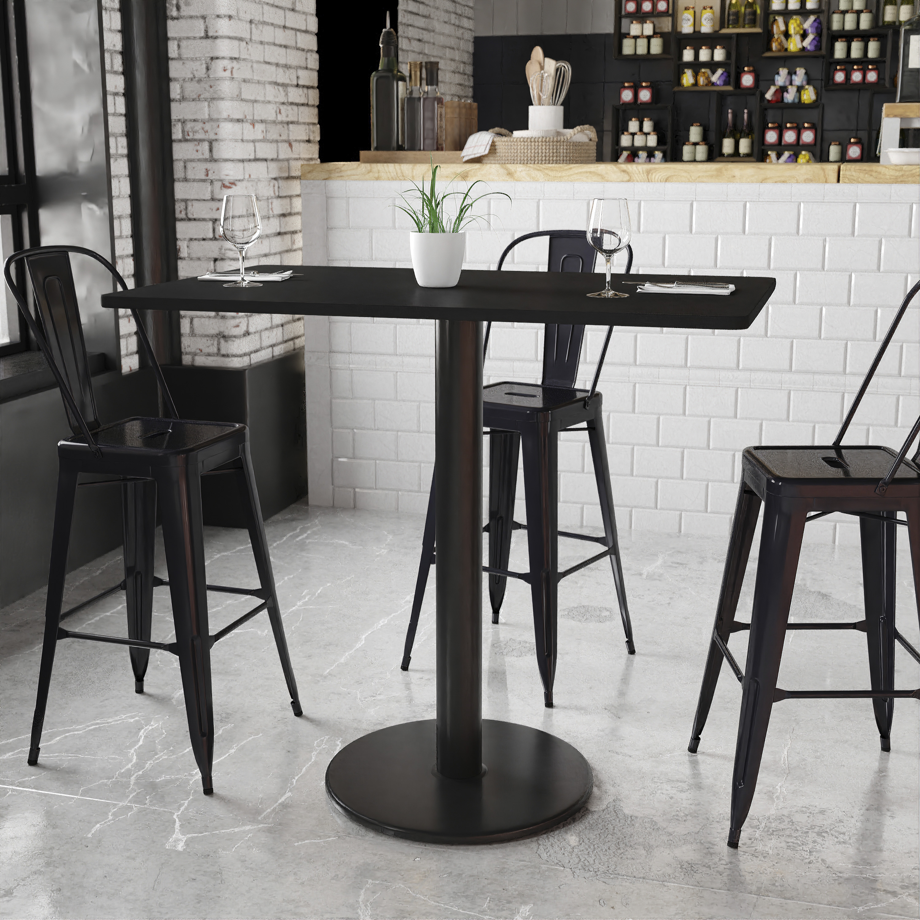 Stiles 30'' x 48'' Rectangular Black Laminate Table Top with 24'' Round Bar Height Table Base