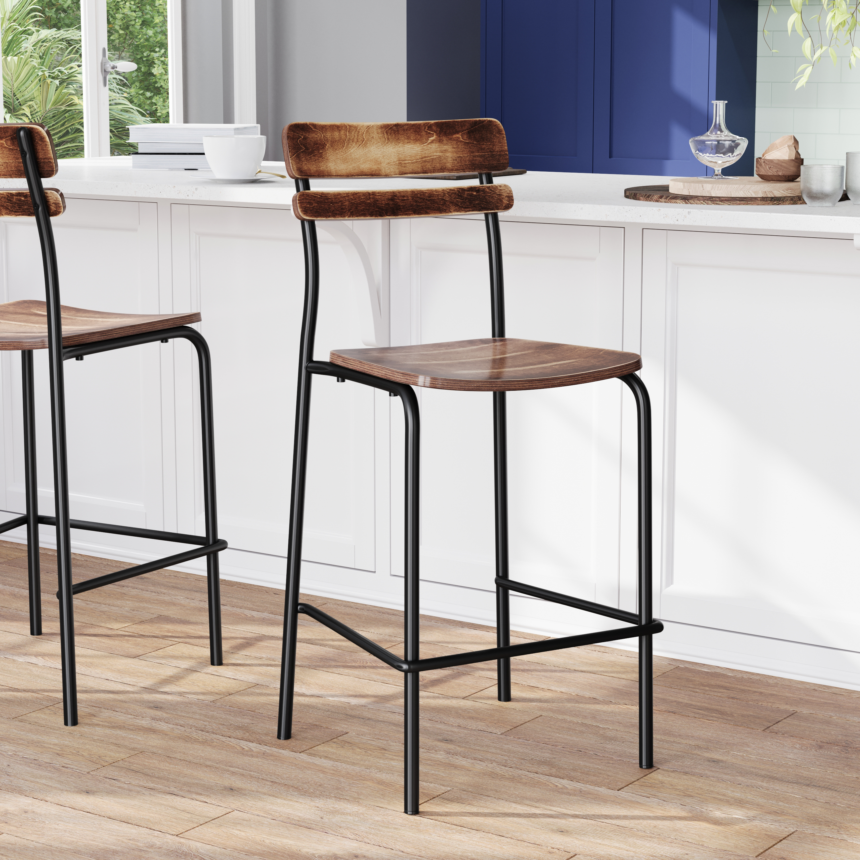 Cyprus Commercial Grade Solid Wood Bar Stool with Black Metal Frame and Antique Copper Finish