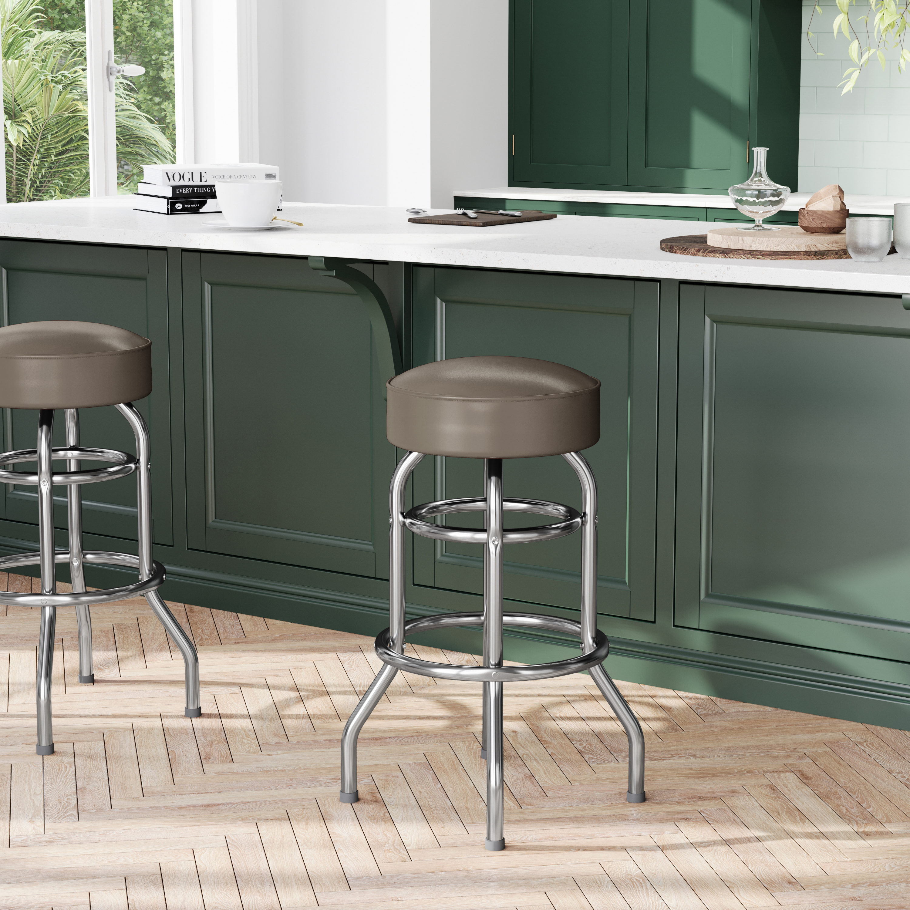Bruno Double Ring Chrome Barstool with Beige Seat