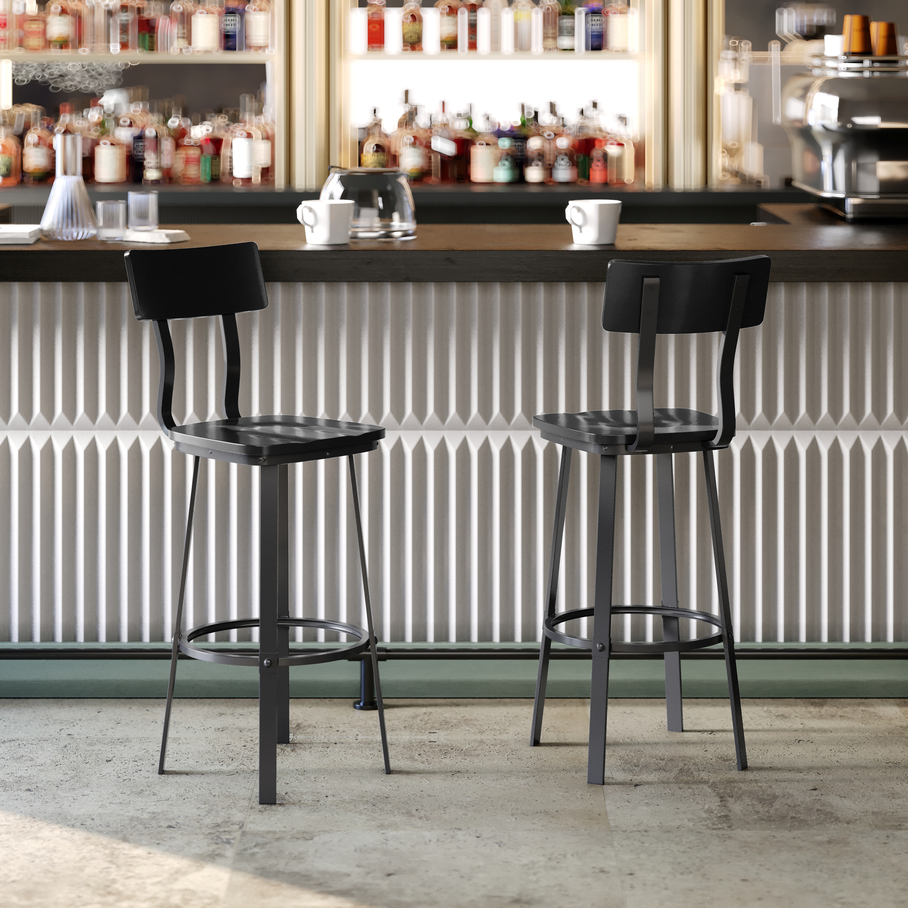 Flint Series Commercial Grade Black Restaurant Barstool with Wood Seat & Back and Black Powder Coat Frame