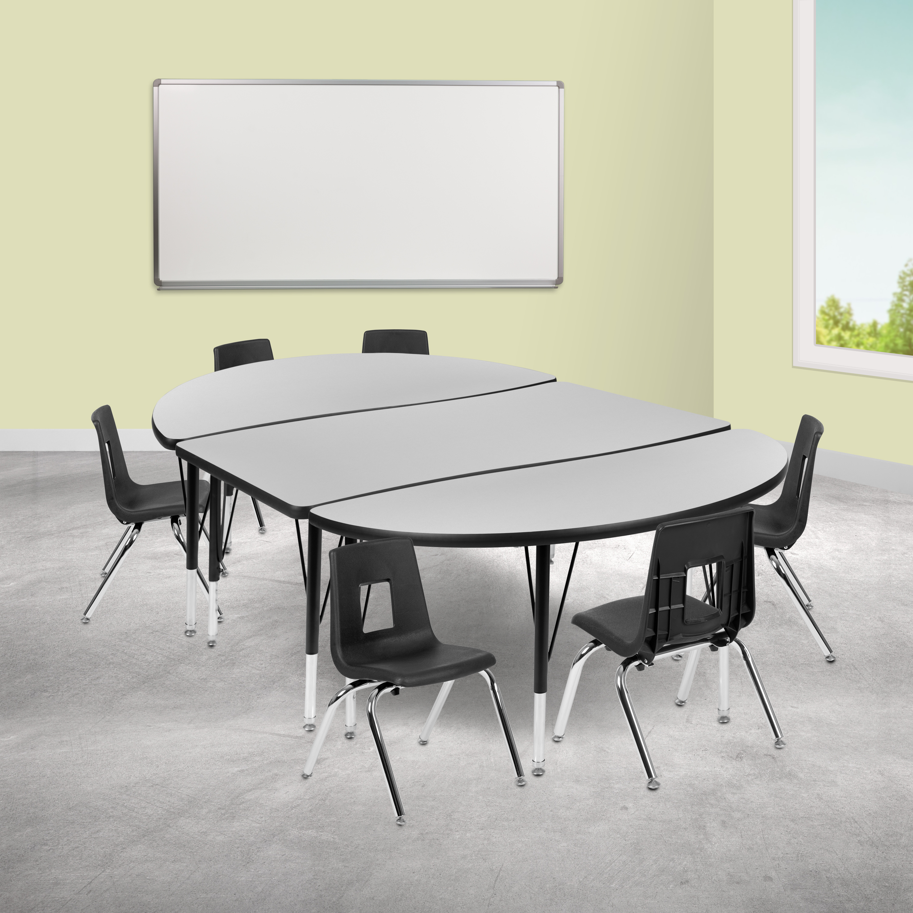 Emmy 76" Oval Wave Flexible Laminate Activity Table Set with 12" Student Stack Chairs, Grey/Black
