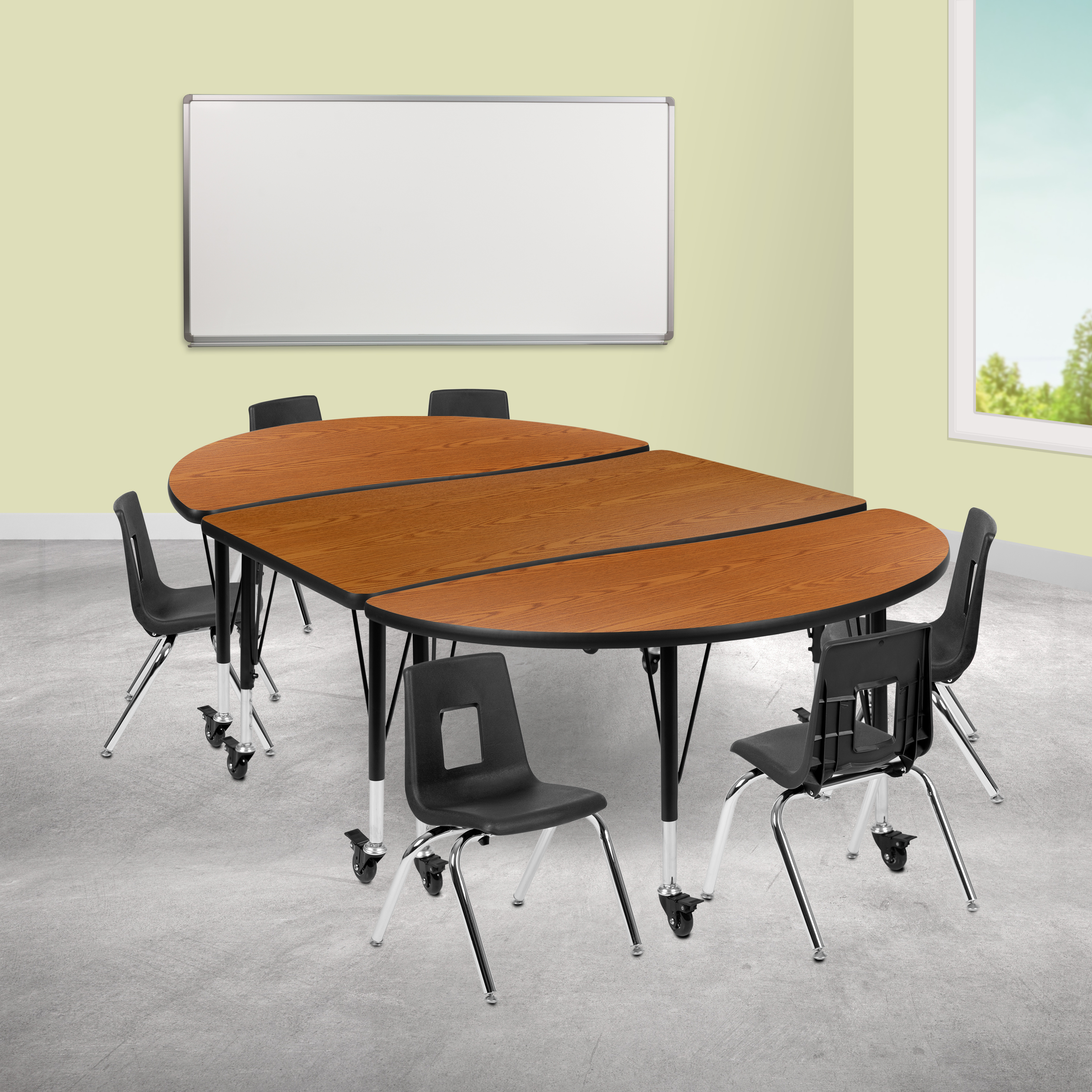 Emmy Mobile 76" Oval Wave Flexible Laminate Activity Table Set with 12" Student Stack Chairs, Oak/Black