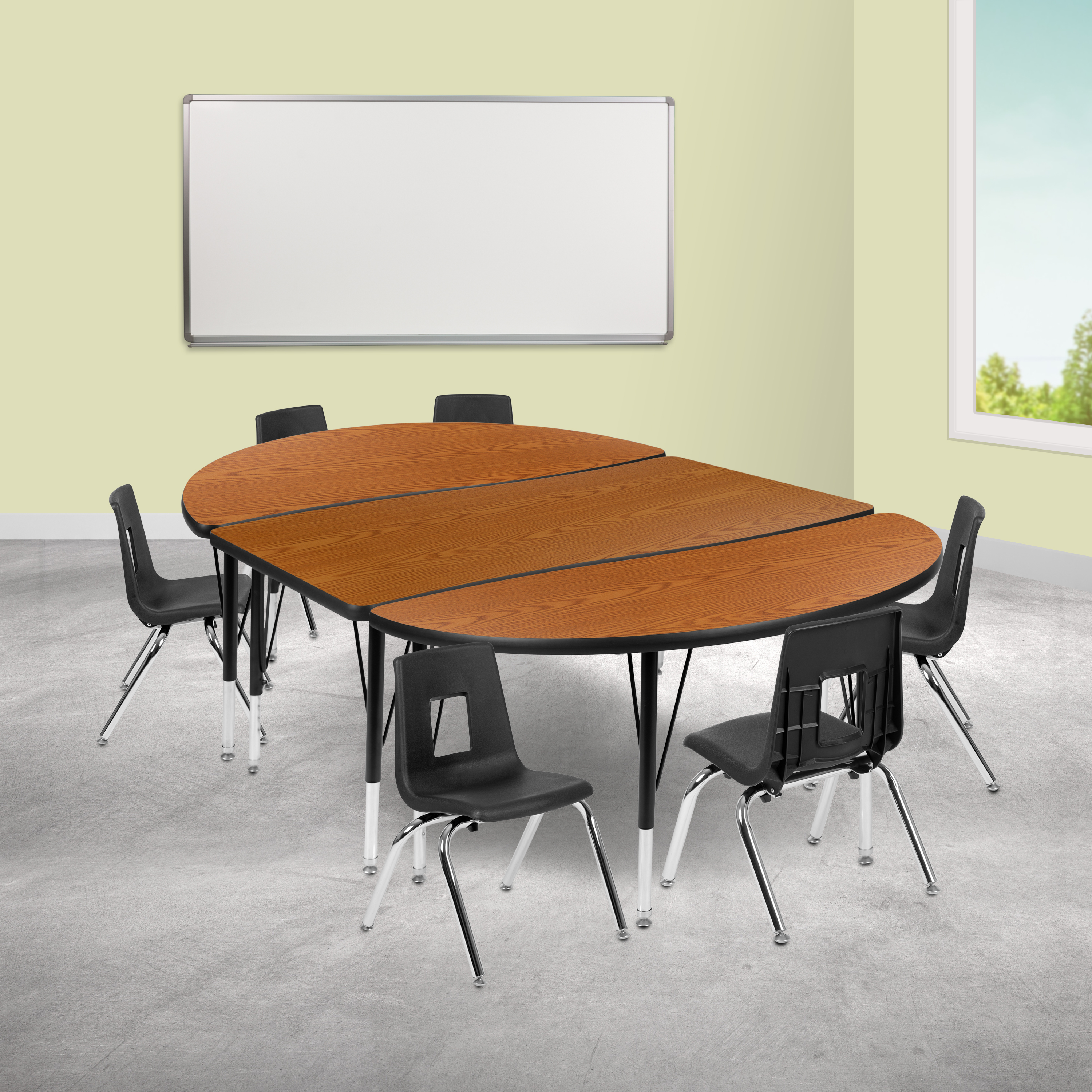 Emmy 76" Oval Wave Flexible Laminate Activity Table Set with 12" Student Stack Chairs, Oak/Black