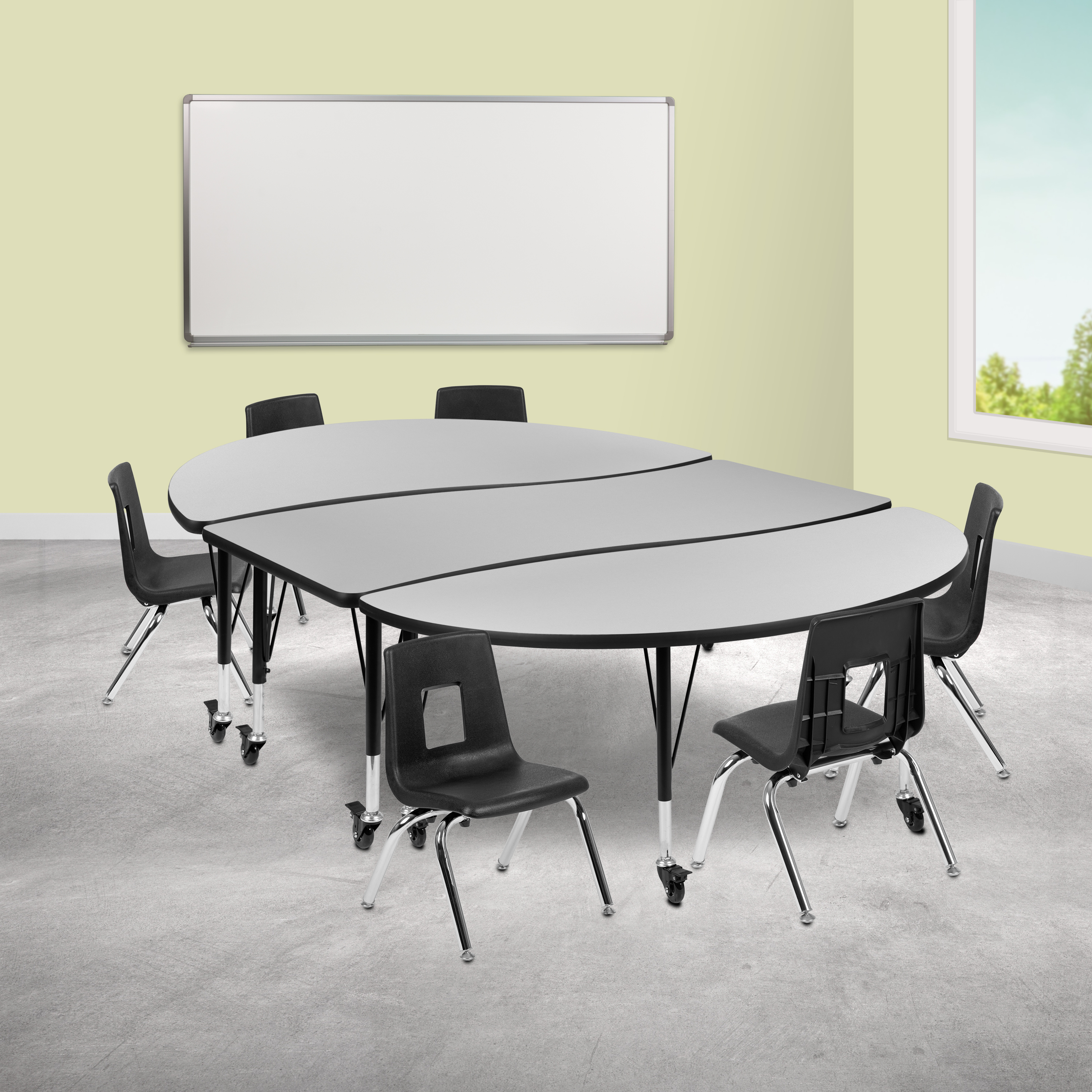 Emmy Mobile 86" Oval Wave Flexible Laminate Activity Table Set with 12" Student Stack Chairs, Grey/Black