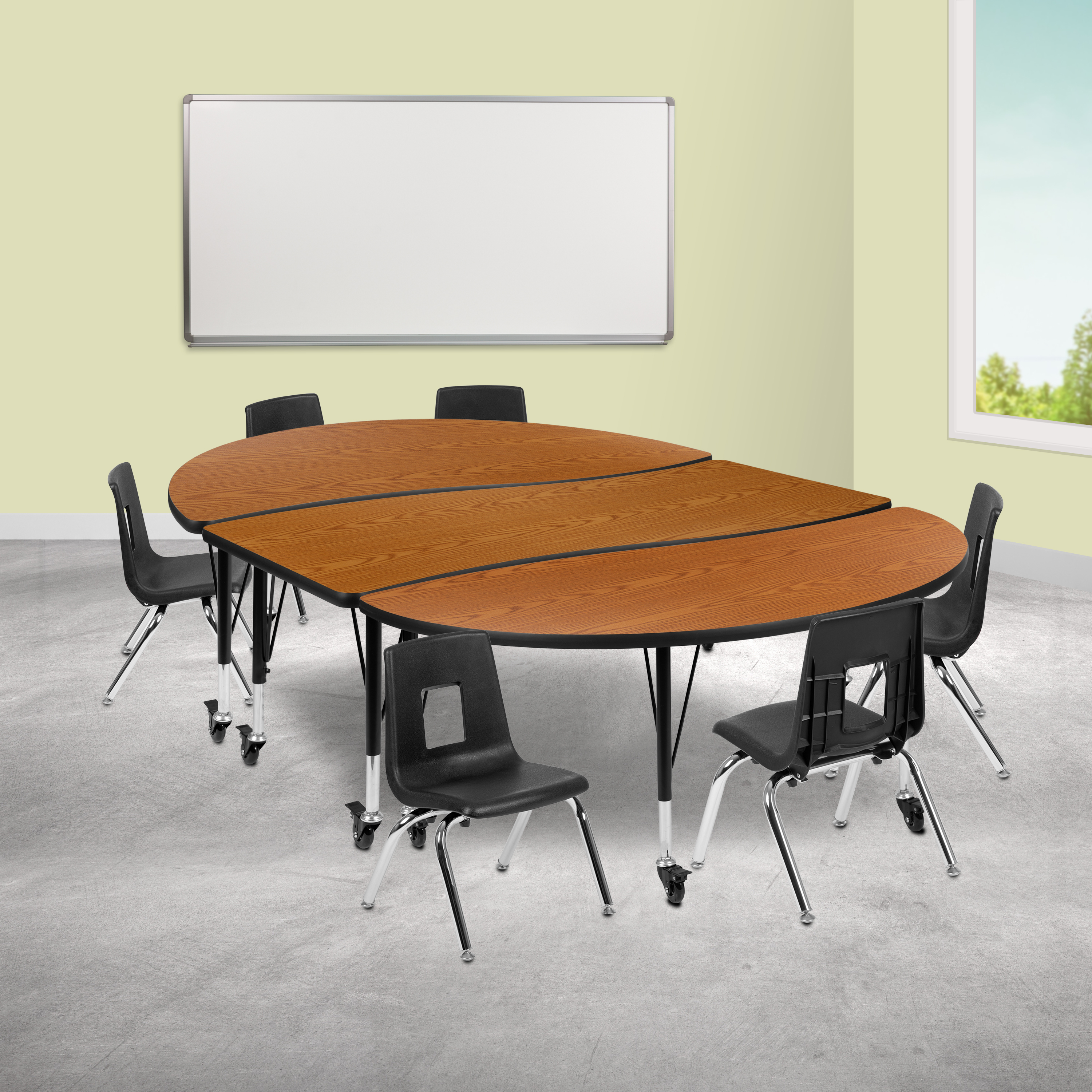 Emmy Mobile 86" Oval Wave Flexible Laminate Activity Table Set with 12" Student Stack Chairs, Oak/Black