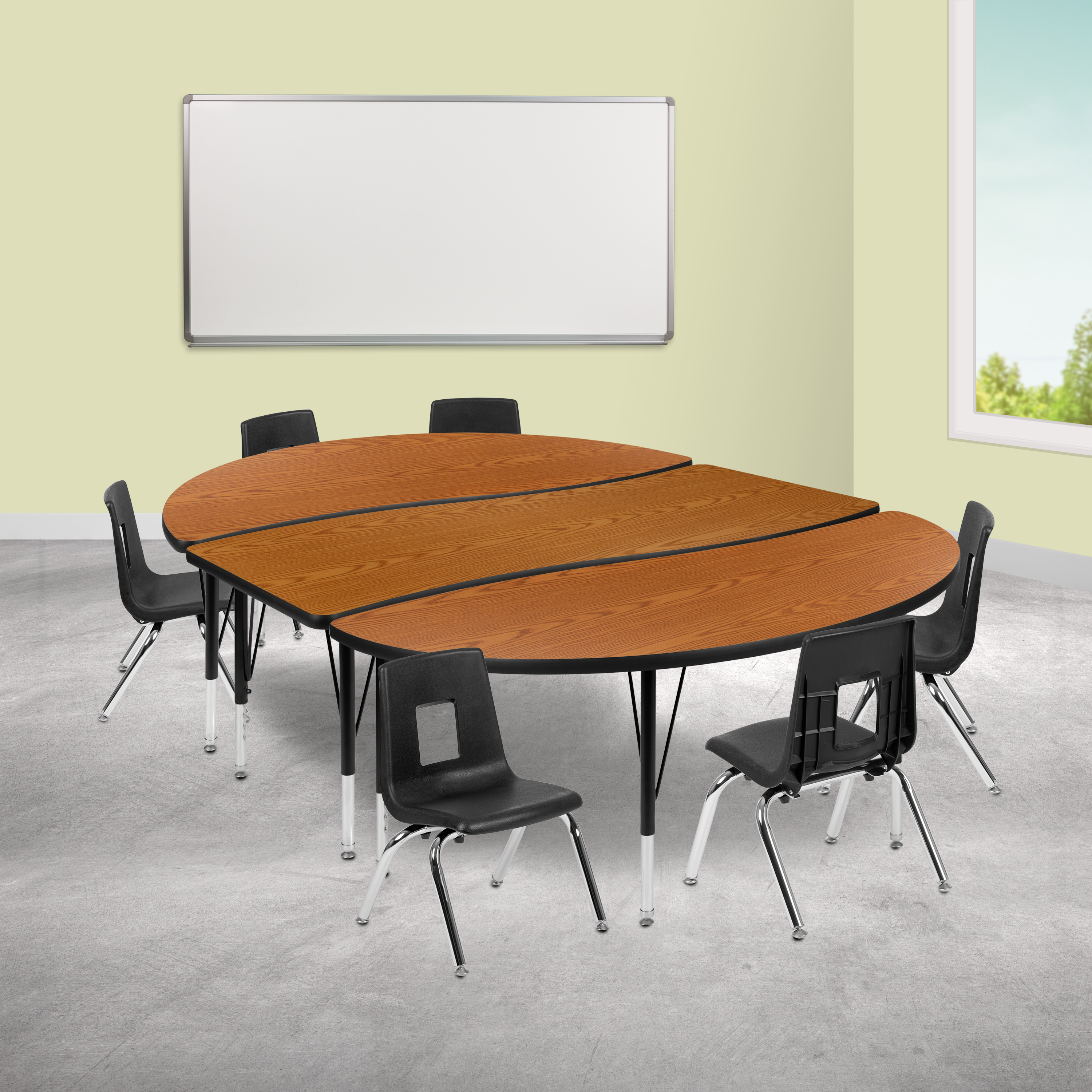 Emmy 86" Oval Wave Flexible Laminate Activity Table Set with 12" Student Stack Chairs, Oak/Black