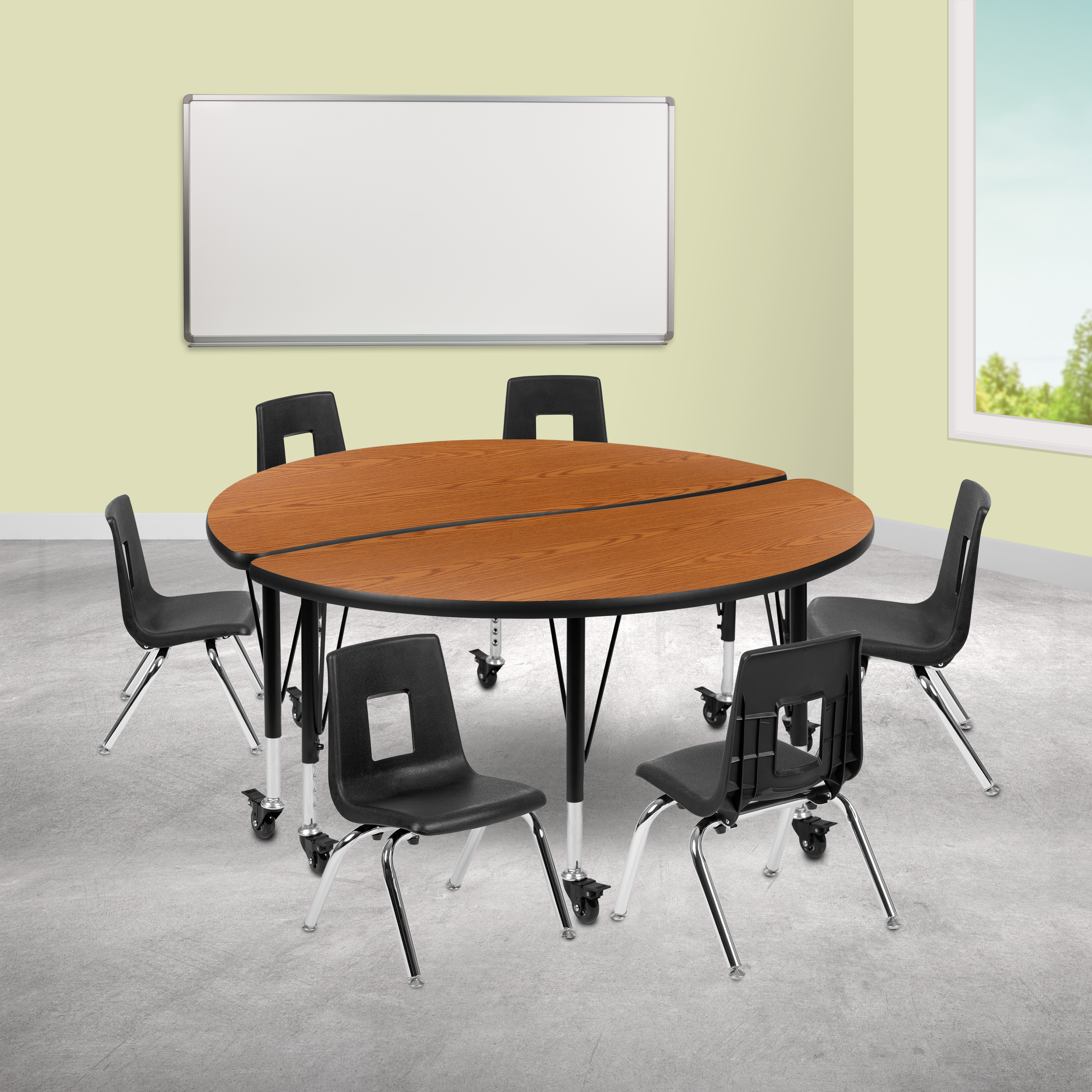 Emmy Mobile 47.5" Circle Wave Flexible Laminate Activity Table Set with 12" Student Stack Chairs, Oak/Black