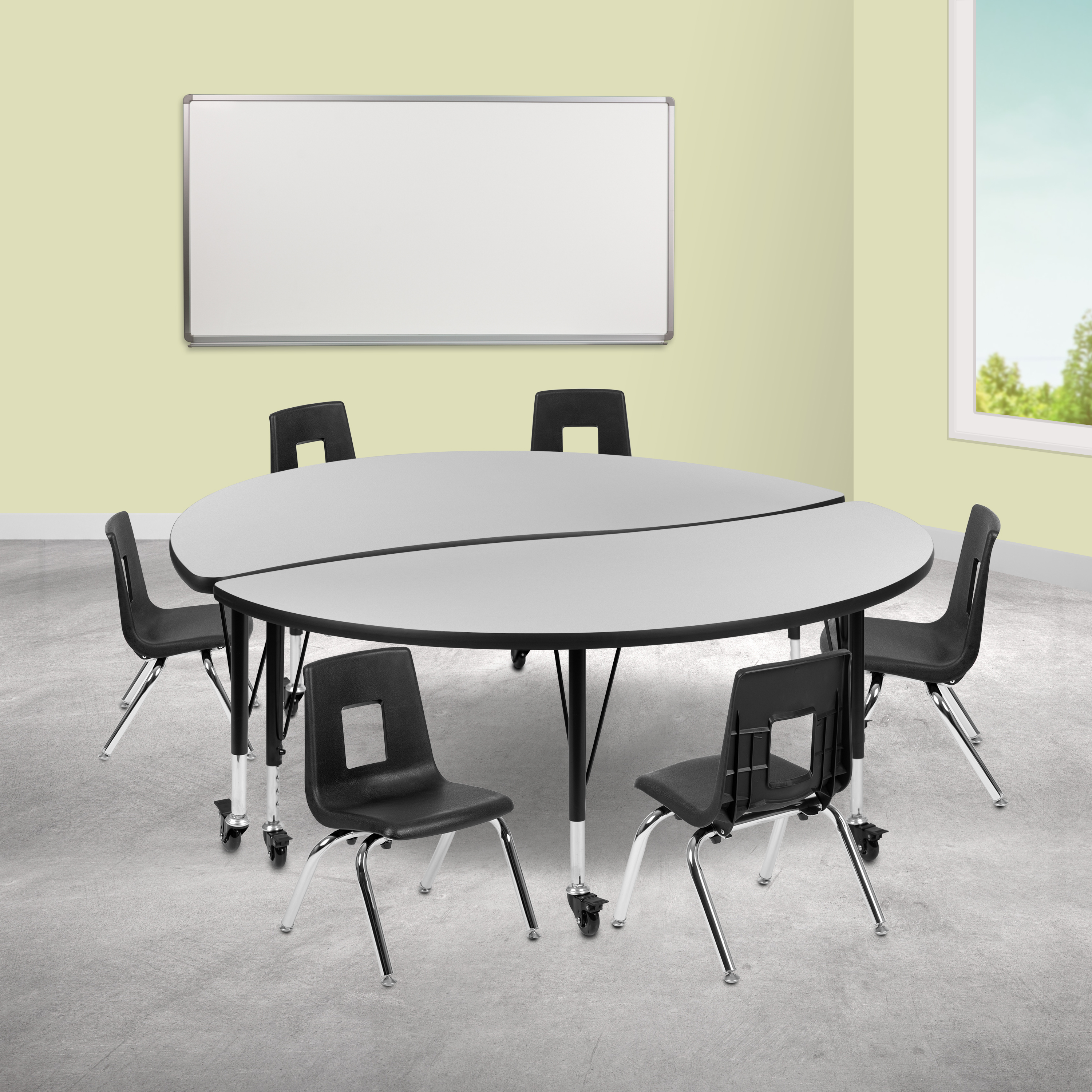 Emmy Mobile 60" Circle Wave Flexible Laminate Activity Table Set with 12" Student Stack Chairs, Grey/Black