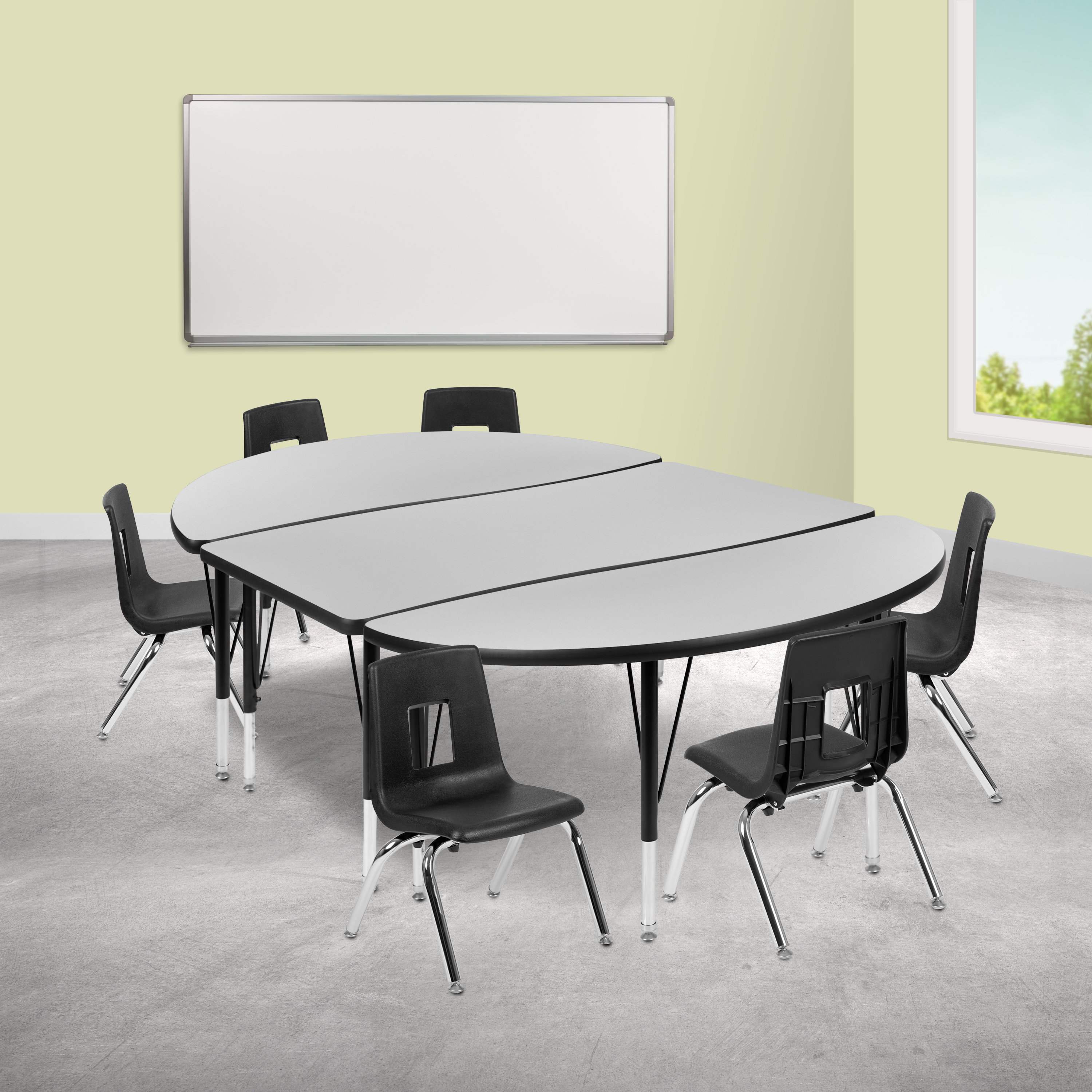 Emmy 76" Oval Wave Flexible Laminate Activity Table Set with 14" Student Stack Chairs, Grey/Black