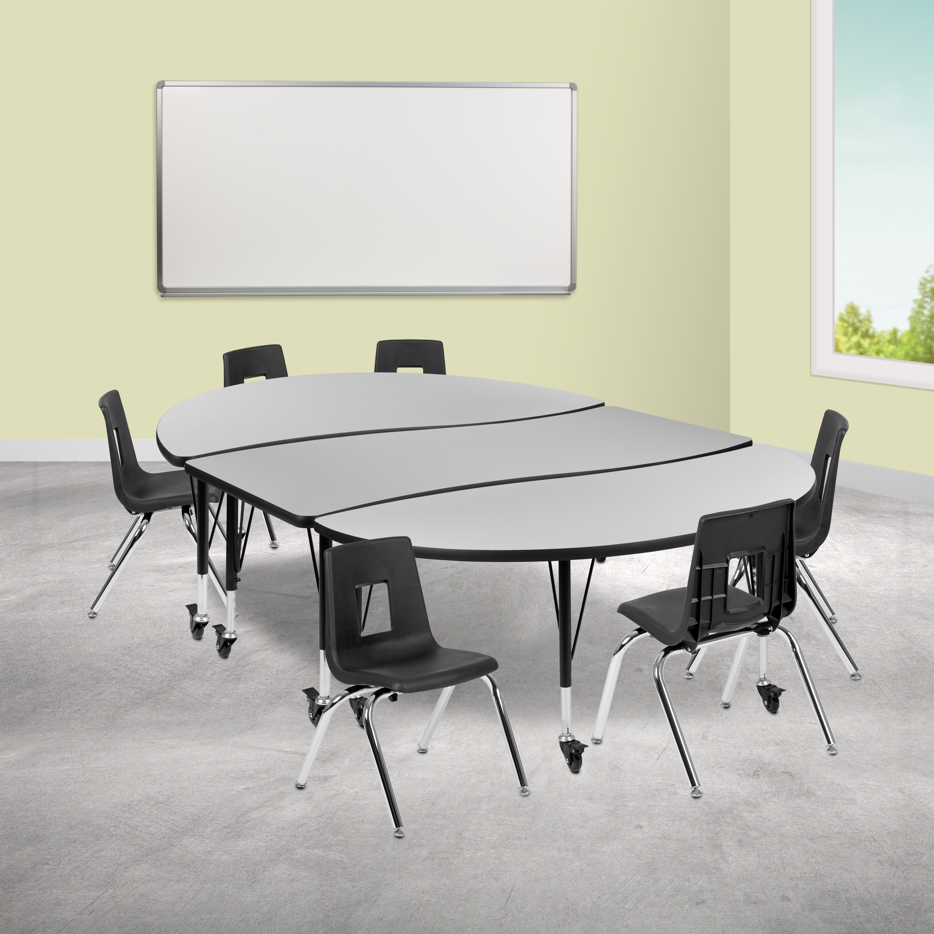 Emmy Mobile 86" Oval Wave Flexible Laminate Activity Table Set with 14" Student Stack Chairs, Grey/Black