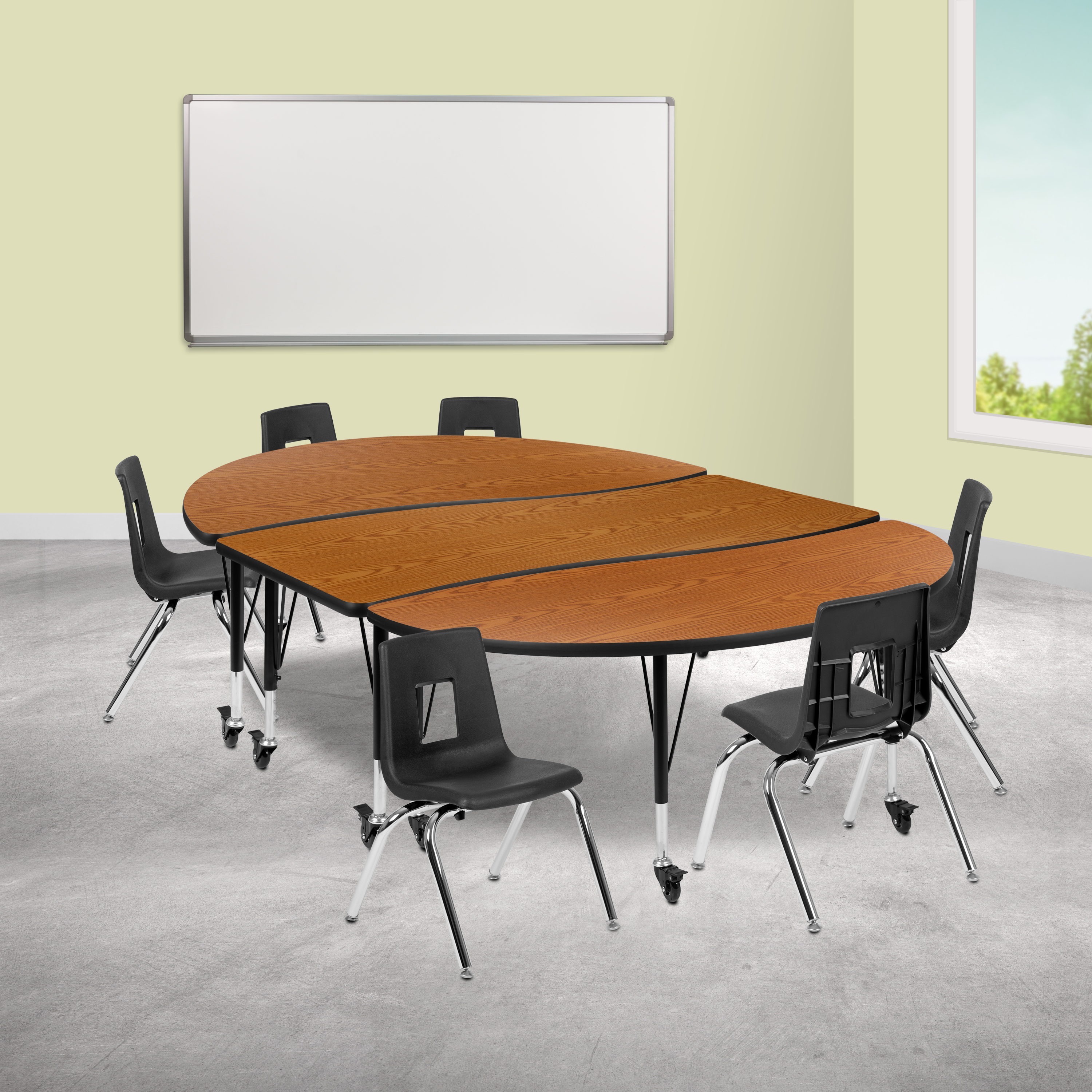 Emmy Mobile 86" Oval Wave Flexible Laminate Activity Table Set with 14" Student Stack Chairs, Oak/Black