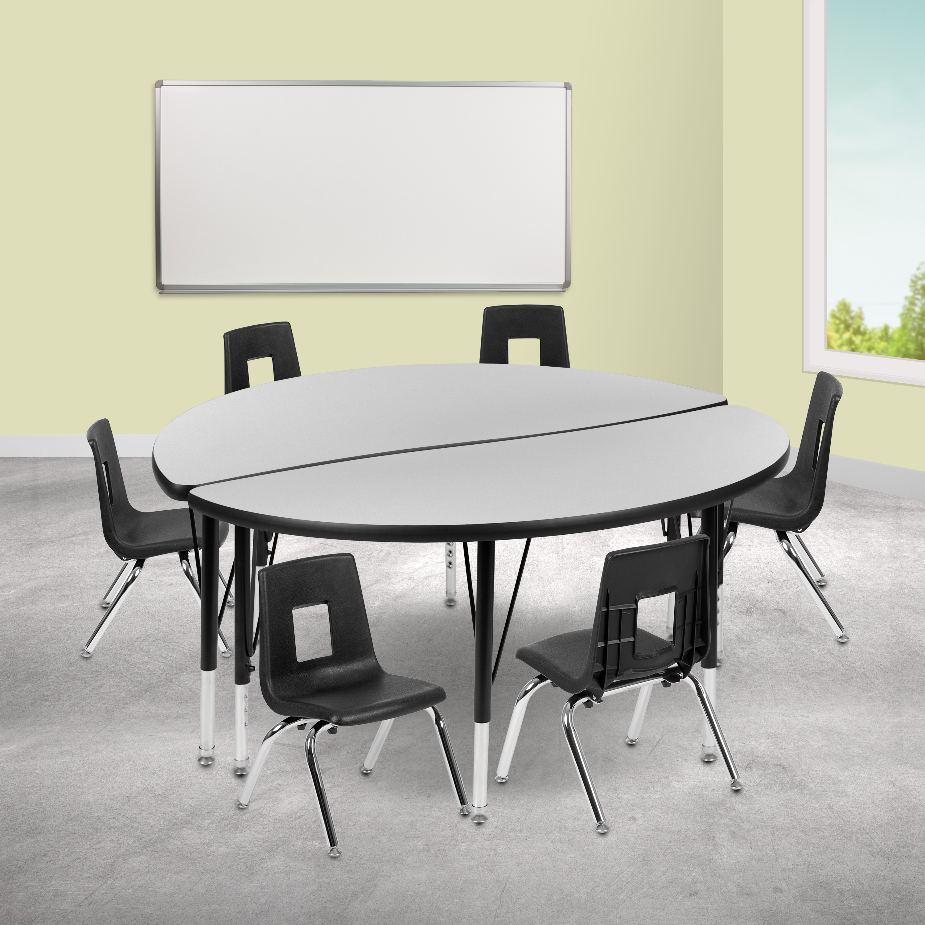 Emmy 47.5" Circle Wave Flexible Laminate Activity Table Set with 14" Student Stack Chairs, Grey/Black