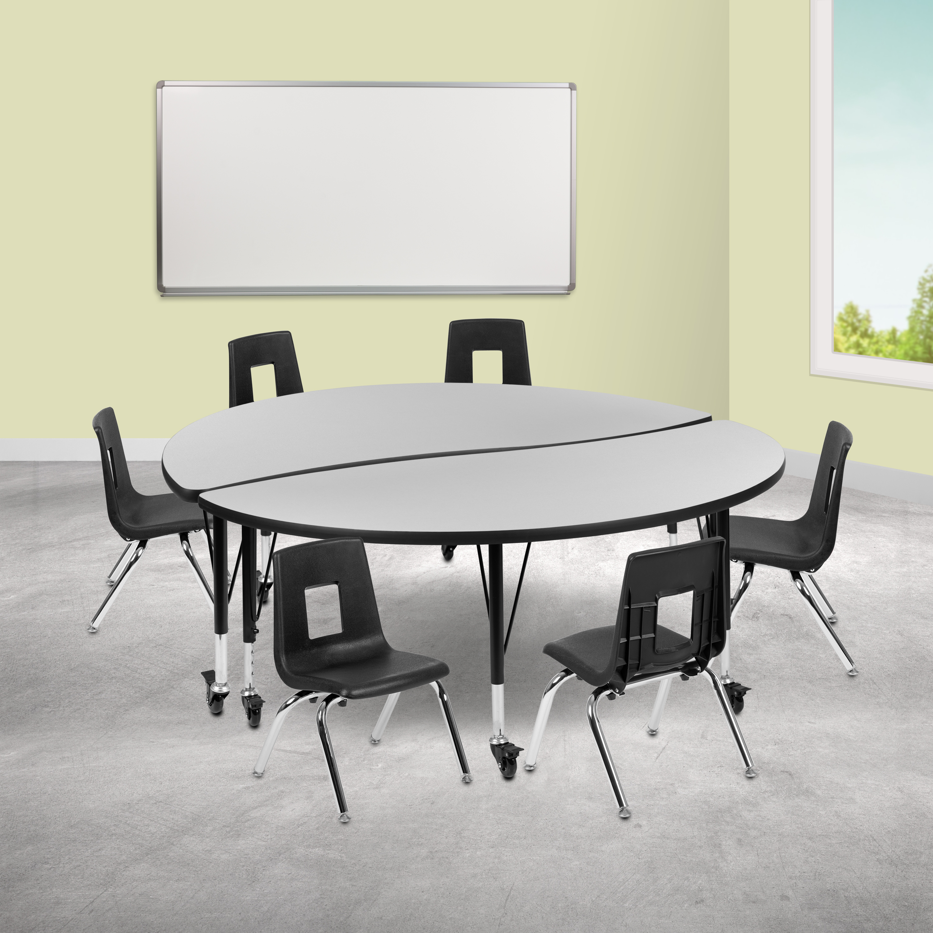 Emmy Mobile 60" Circle Wave Flexible Laminate Activity Table Set with 14" Student Stack Chairs, Grey/Black
