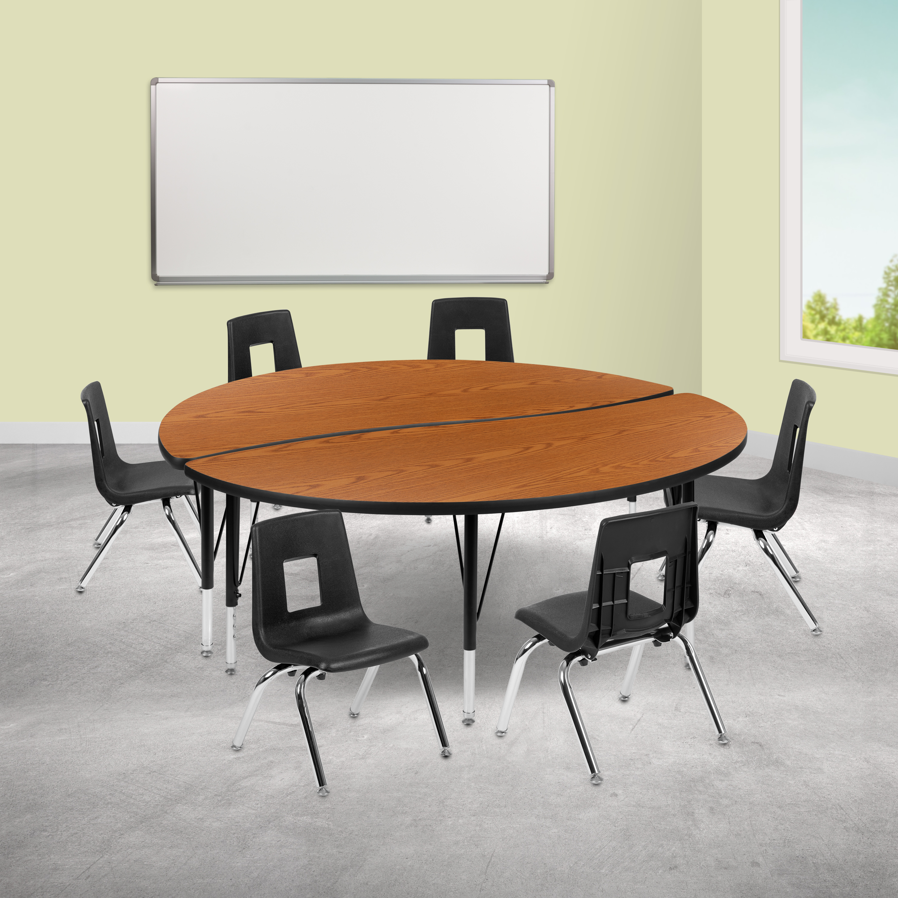 Emmy 60" Circle Wave Flexible Laminate Activity Table Set with 14" Student Stack Chairs, Oak/Black