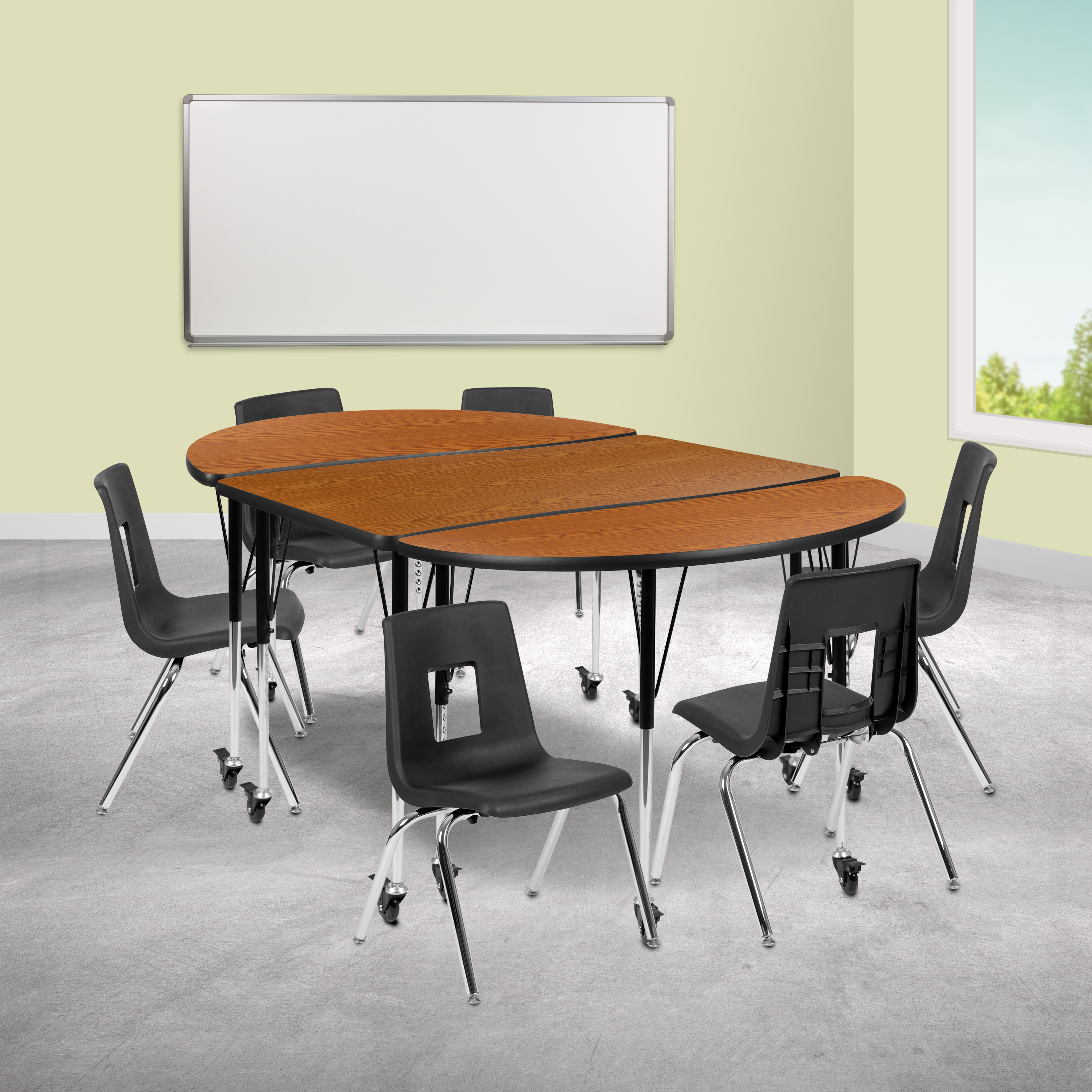 Emmy Mobile 76" Oval Wave Flexible Laminate Activity Table Set with 16" Student Stack Chairs, Oak/Black