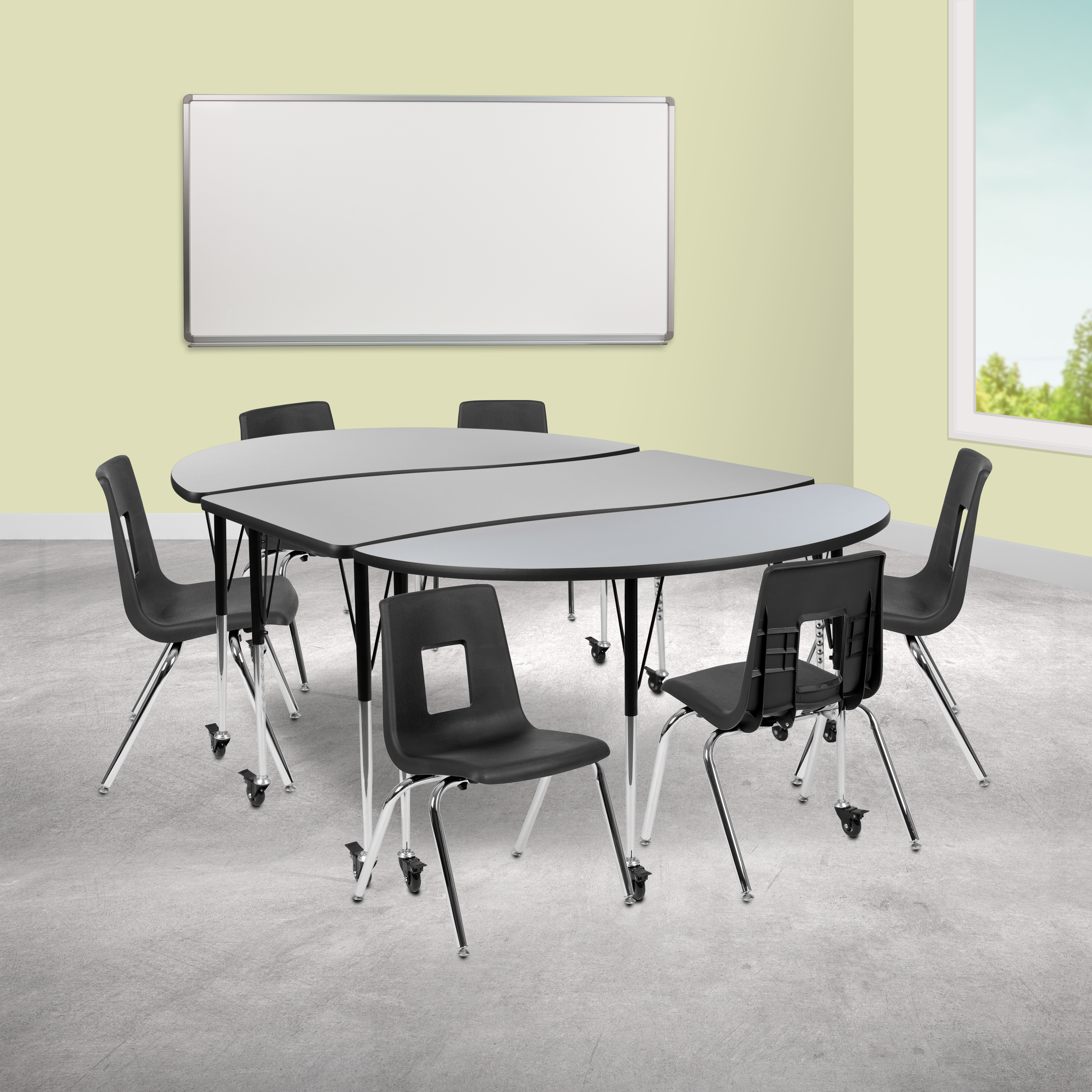 Emmy Mobile 86" Oval Wave Flexible Laminate Activity Table Set with 16" Student Stack Chairs, Grey/Black