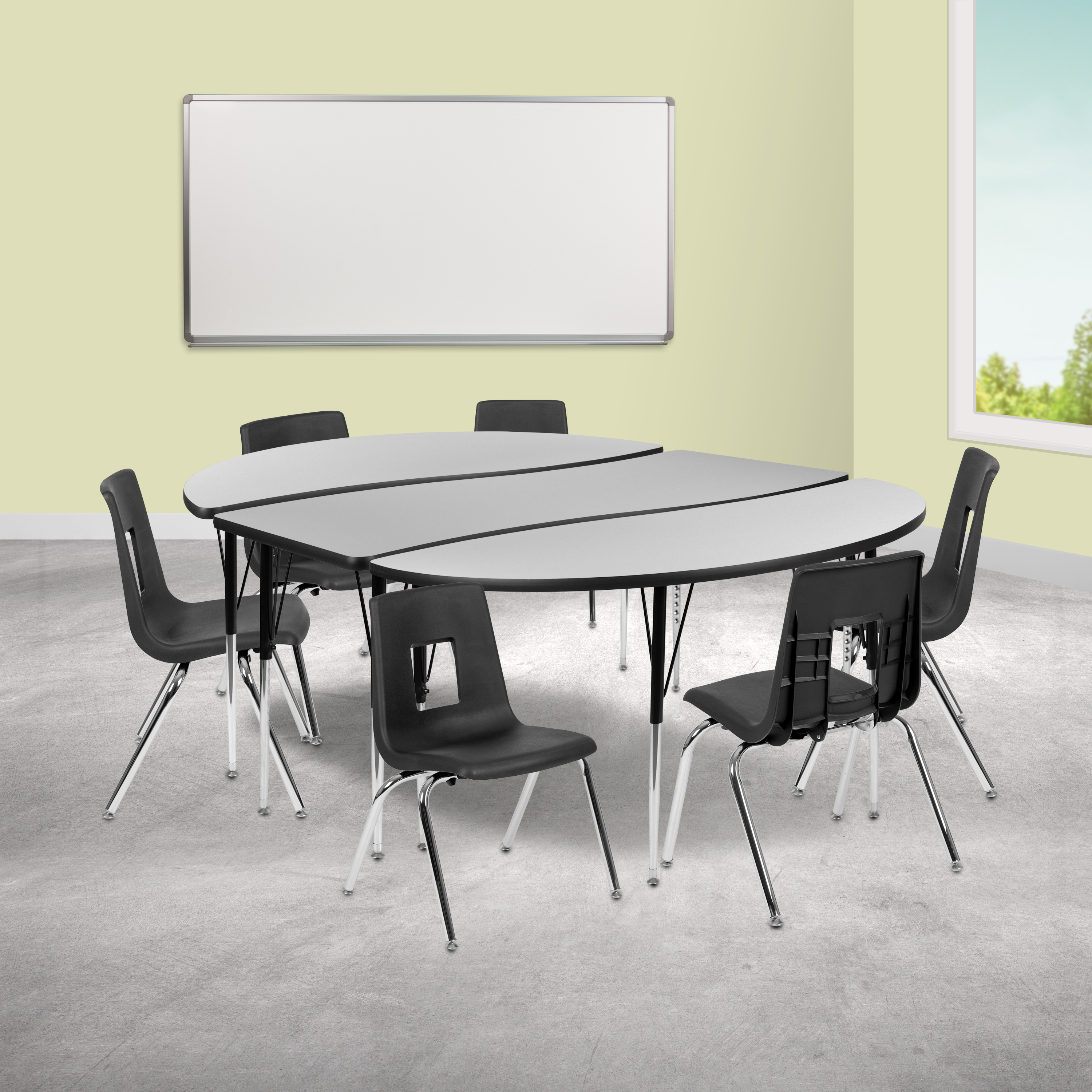 Emmy 86" Oval Wave Flexible Laminate Activity Table Set with 16" Student Stack Chairs, Grey/Black