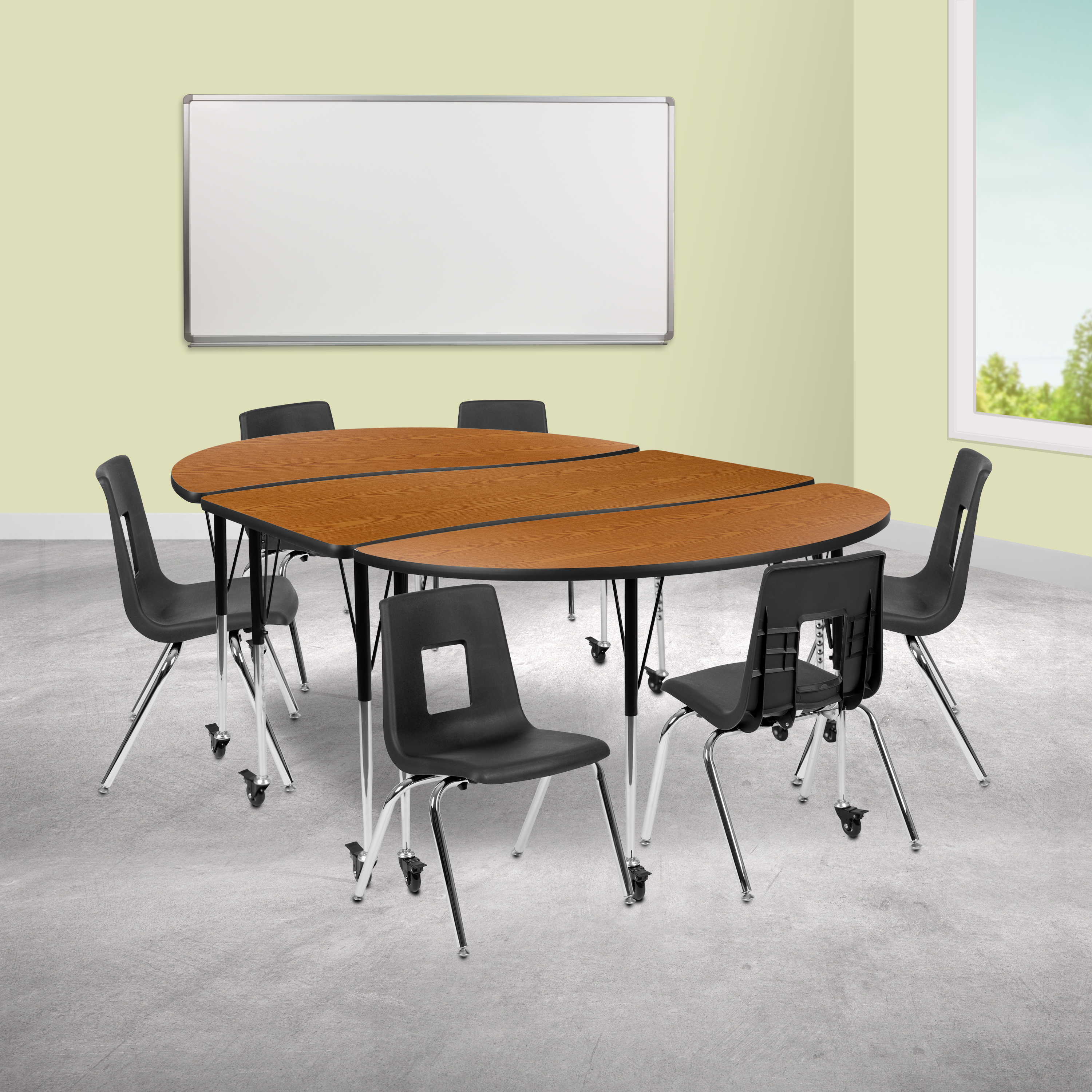 Emmy Mobile 86" Oval Wave Flexible Laminate Activity Table Set with 16" Student Stack Chairs, Oak/Black