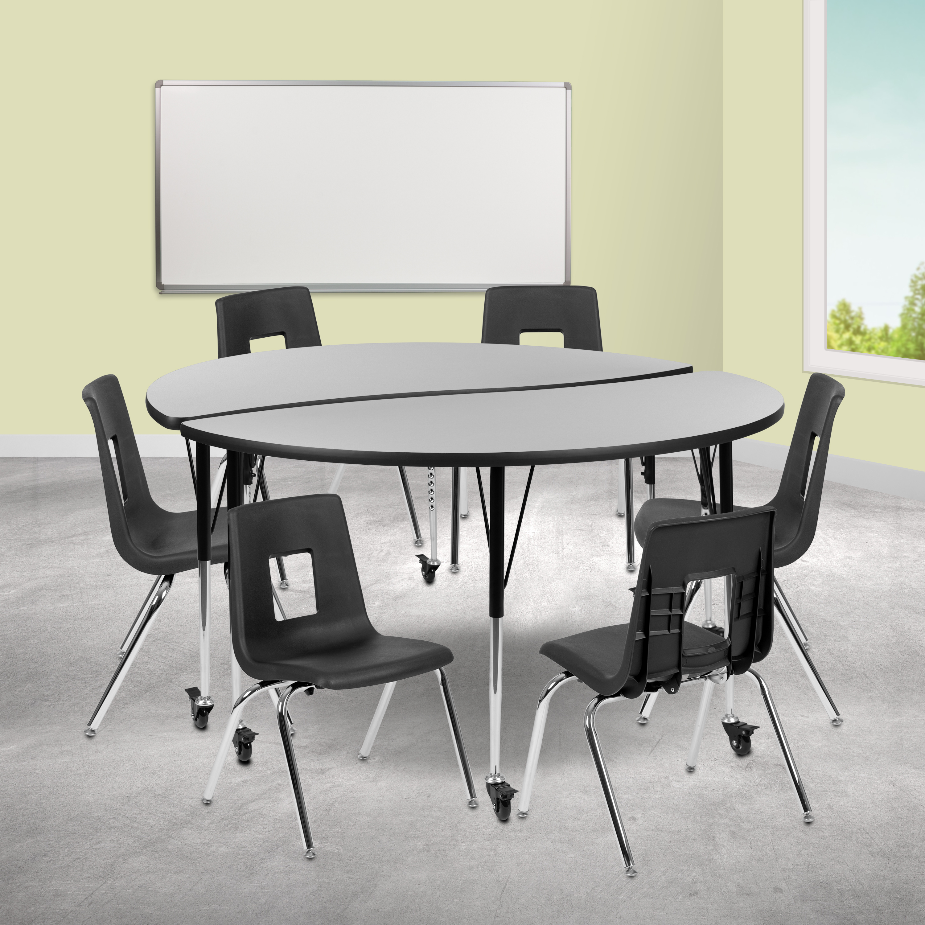 Emmy Mobile 60" Circle Wave Flexible Laminate Activity Table Set with 16" Student Stack Chairs, Grey/Black