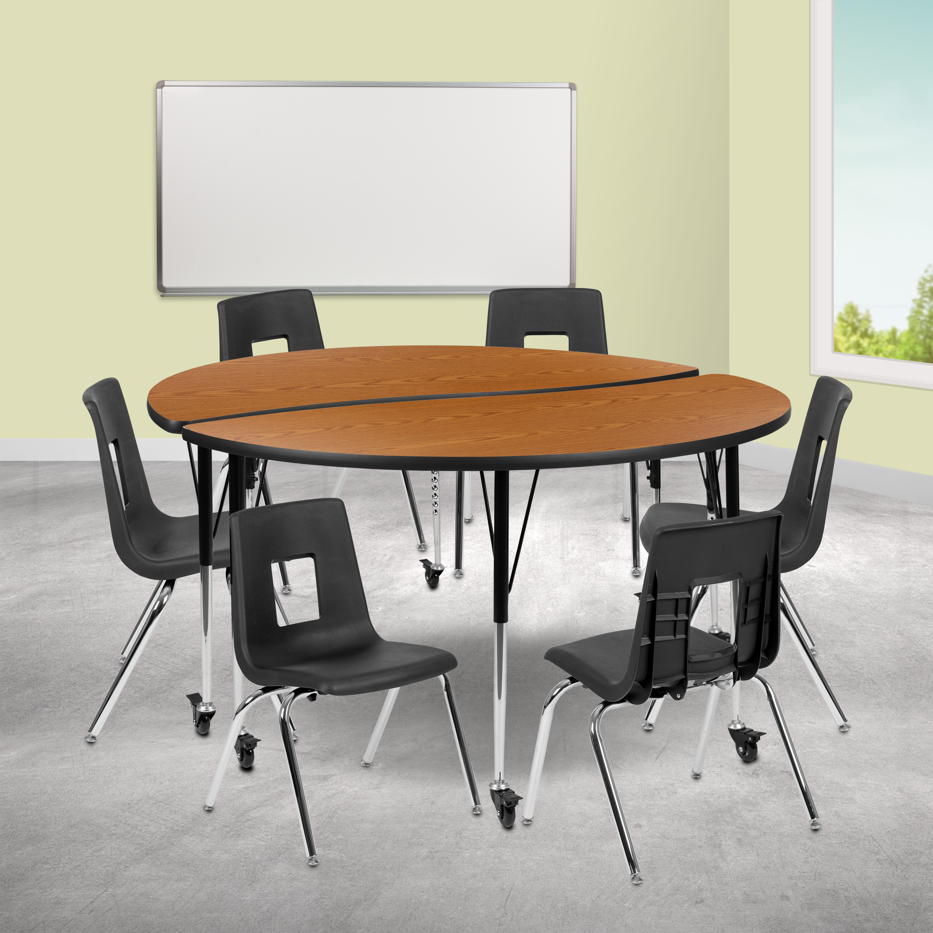 Emmy Mobile 60" Circle Wave Flexible Laminate Activity Table Set with 16" Student Stack Chairs, Oak/Black