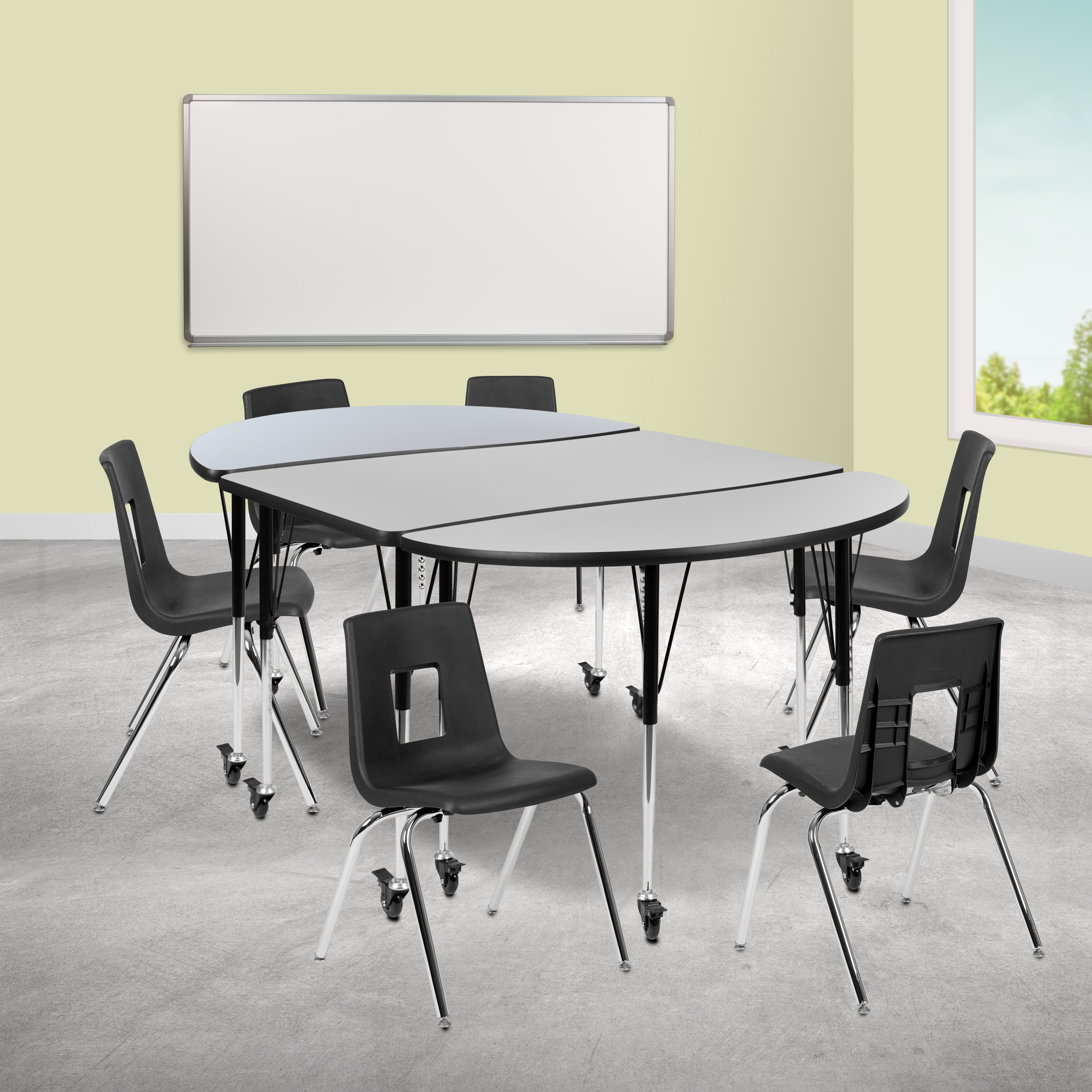 Emmy Mobile 76" Oval Wave Flexible Laminate Activity Table Set with 18" Student Stack Chairs, Grey/Black