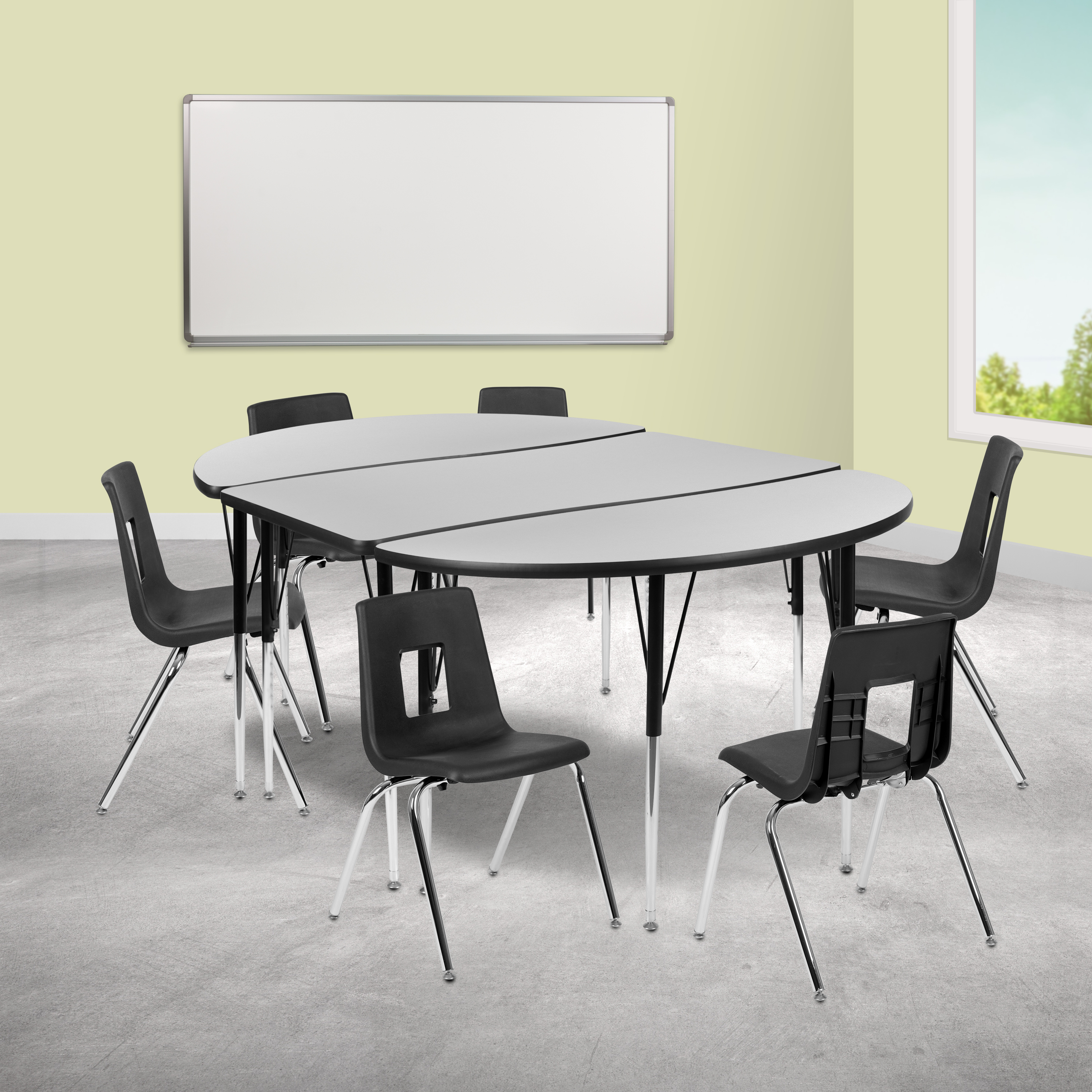 Emmy 76" Oval Wave Flexible Laminate Activity Table Set with 18" Student Stack Chairs, Grey/Black