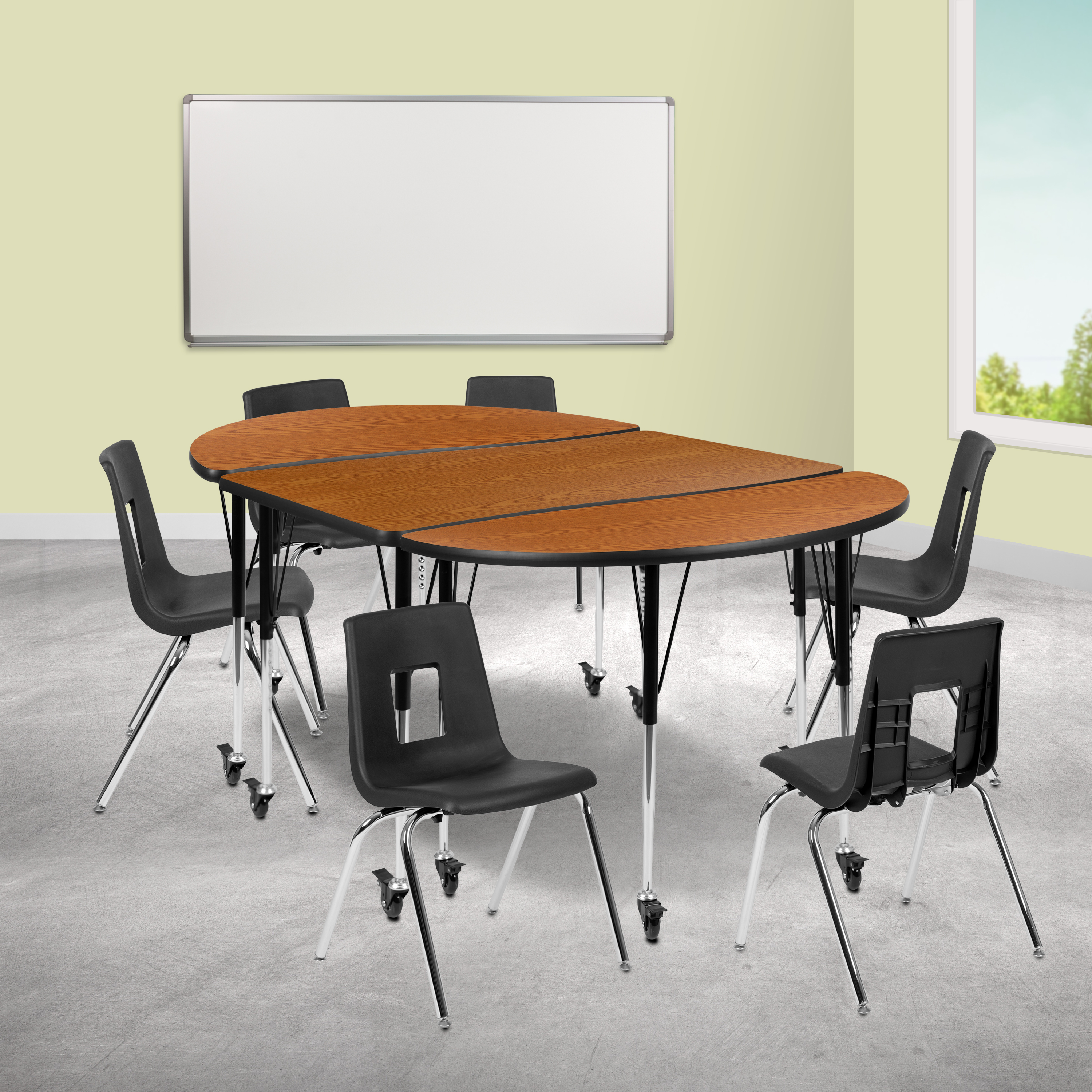 Emmy Mobile 76" Oval Wave Flexible Laminate Activity Table Set with 18" Student Stack Chairs, Oak/Black