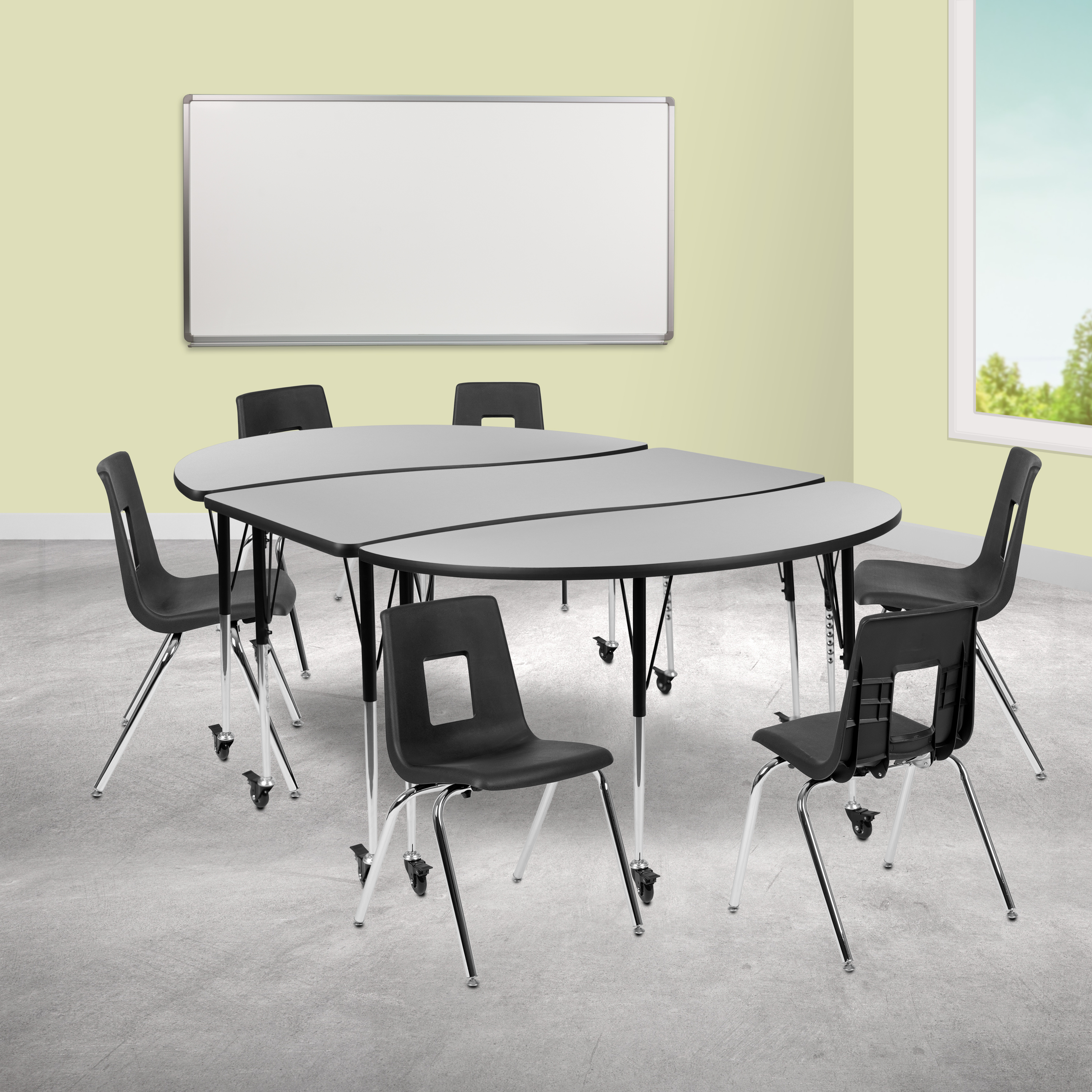 Emmy Mobile 86" Oval Wave Flexible Laminate Activity Table Set with 18" Student Stack Chairs, Grey/Black
