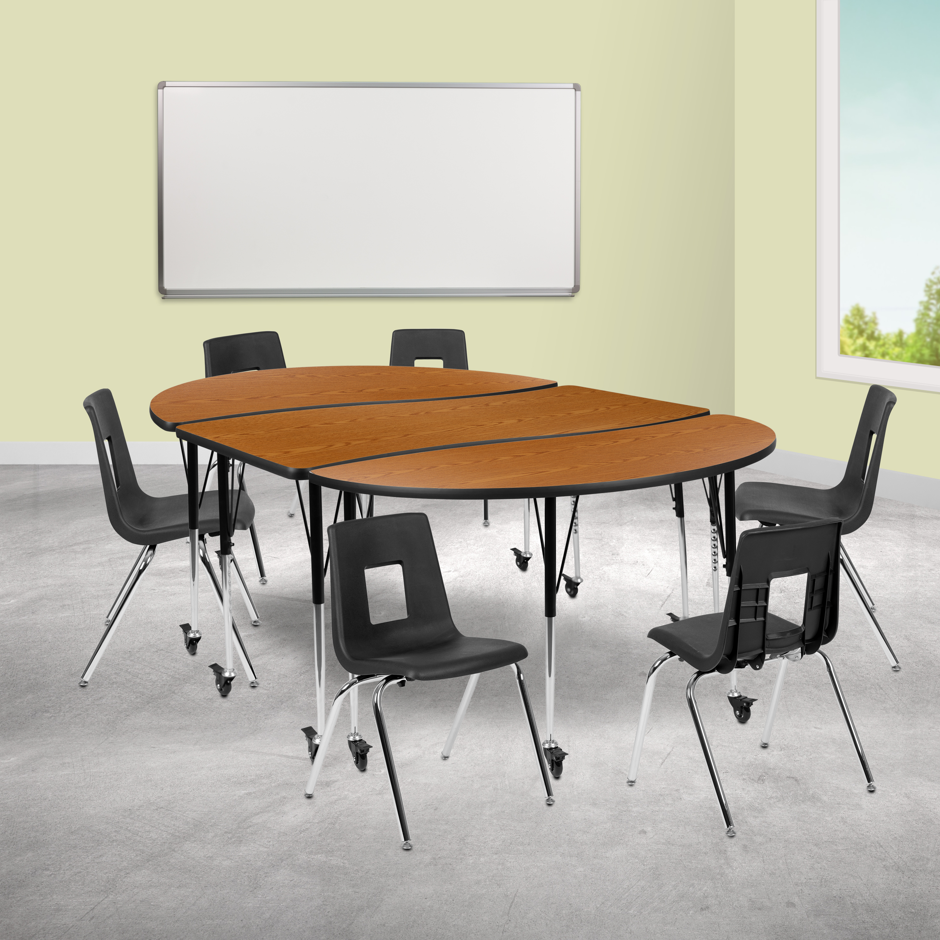 Emmy Mobile 86" Oval Wave Flexible Laminate Activity Table Set with 18" Student Stack Chairs, Oak/Black