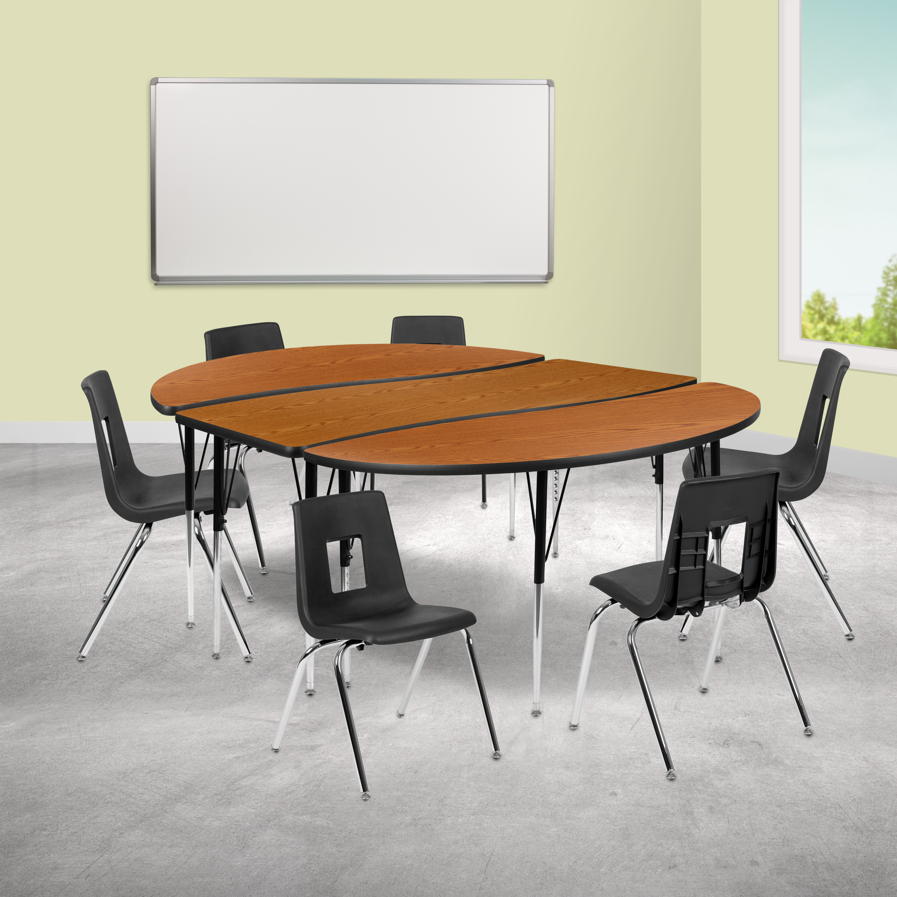 Emmy 86" Oval Wave Flexible Laminate Activity Table Set with 18" Student Stack Chairs, Oak/Black