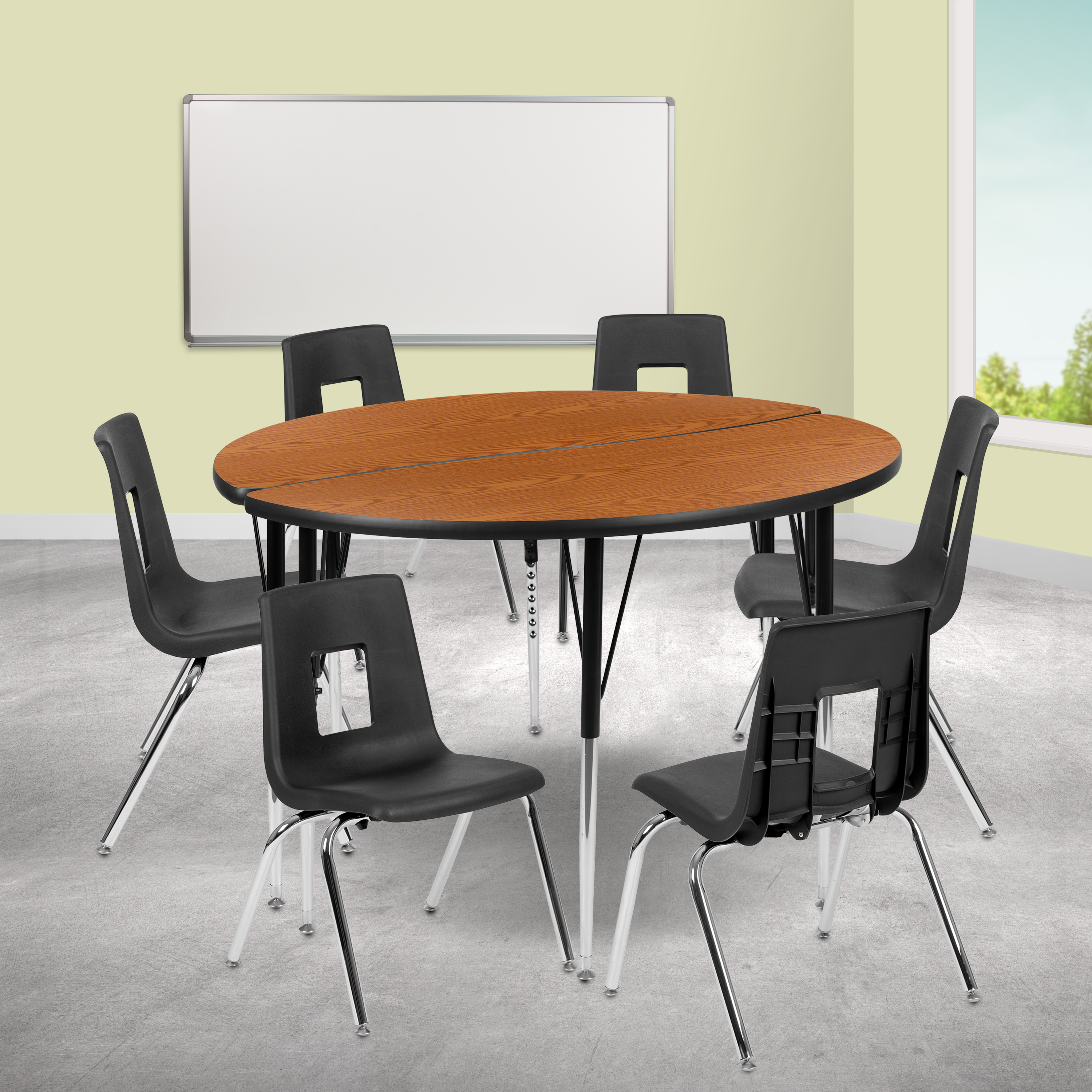 Emmy 47.5" Circle Wave Flexible Laminate Activity Table Set with 18" Student Stack Chairs, Oak/Black
